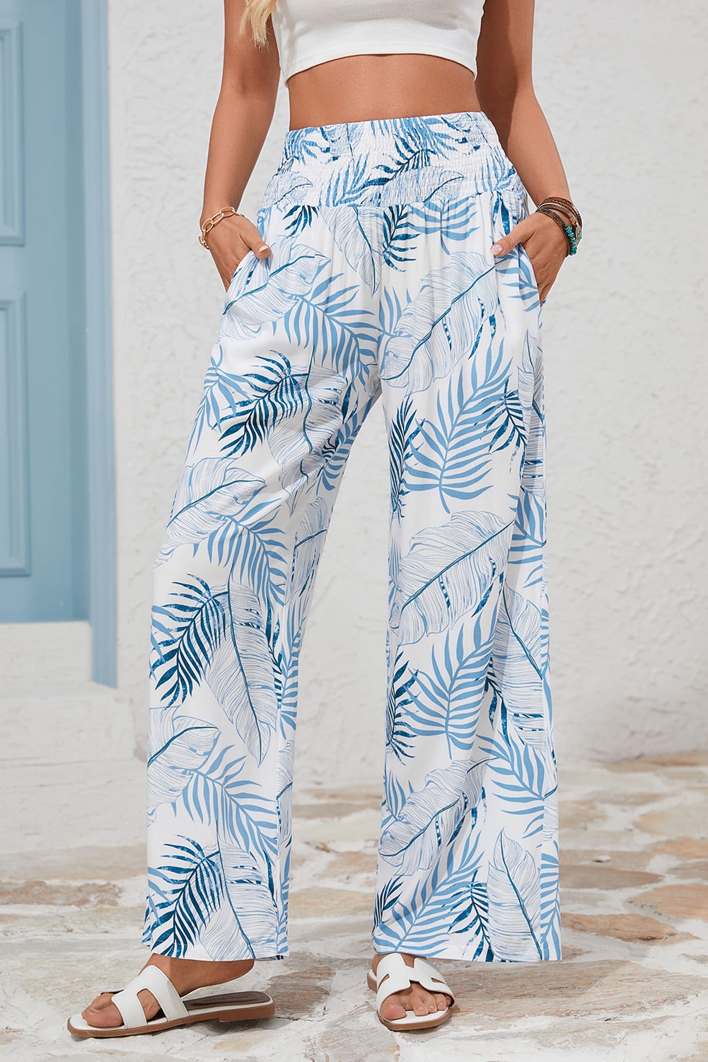 Sky Blue Botanic Print Shirred Waistband Wide Leg Pants