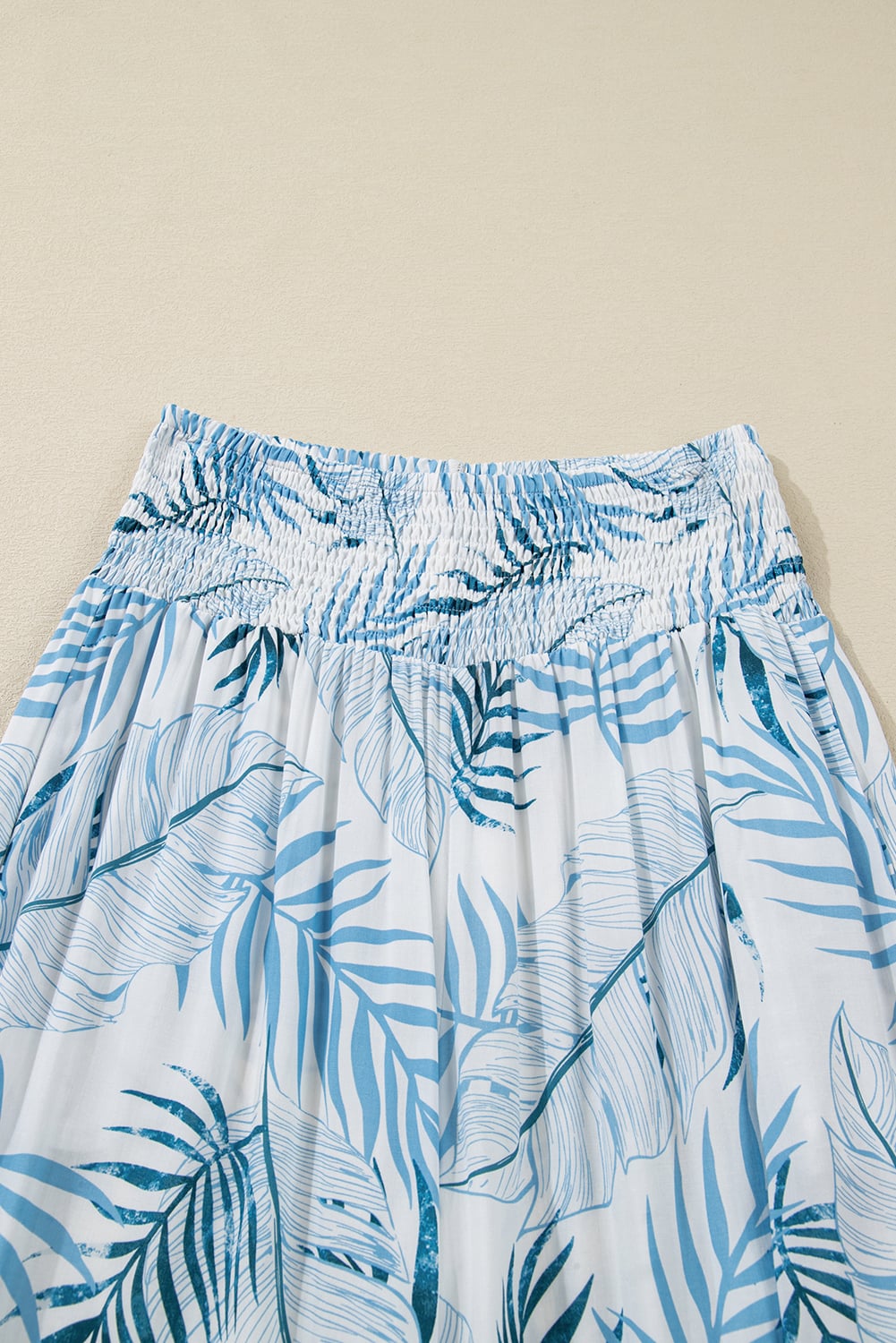 Sky Blue Botanic Print Shirred Waistband Wide Leg Pants