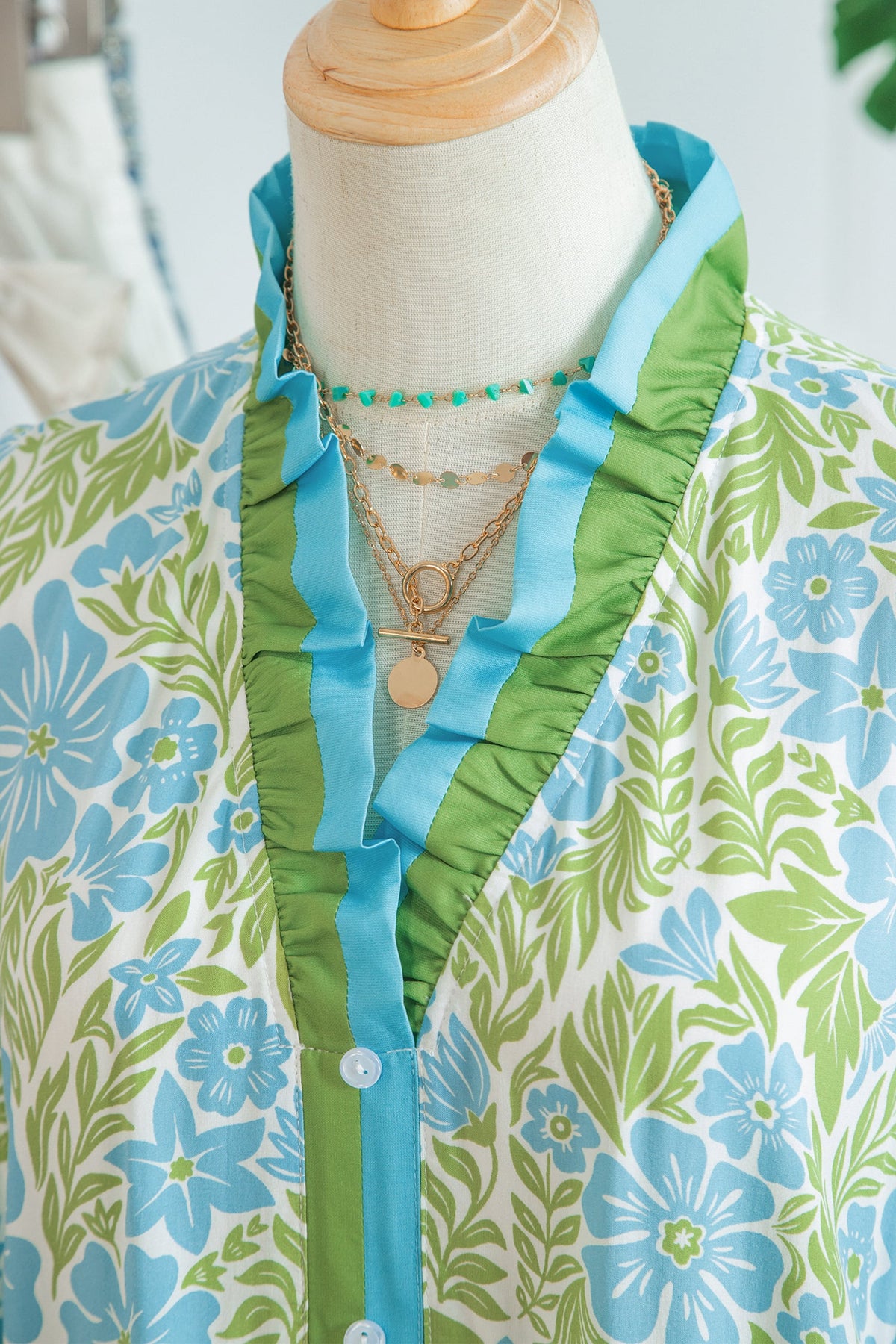 Sky Blue Botanical Floral Print Frilled Trim V Neck Button Front Loose Dress