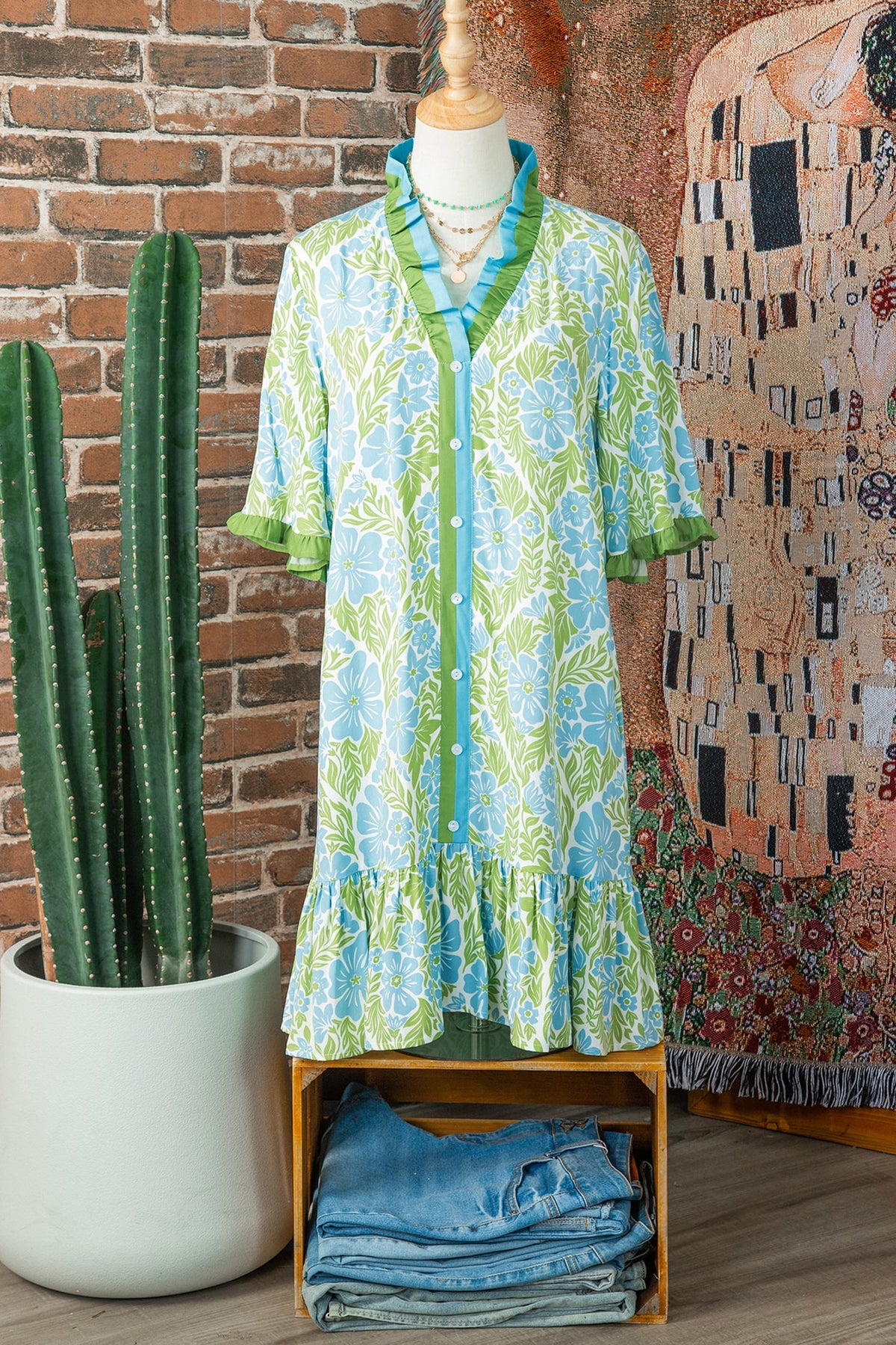 Sky Blue Botanical Floral Print Frilled Trim V Neck Button Front Loose Dress