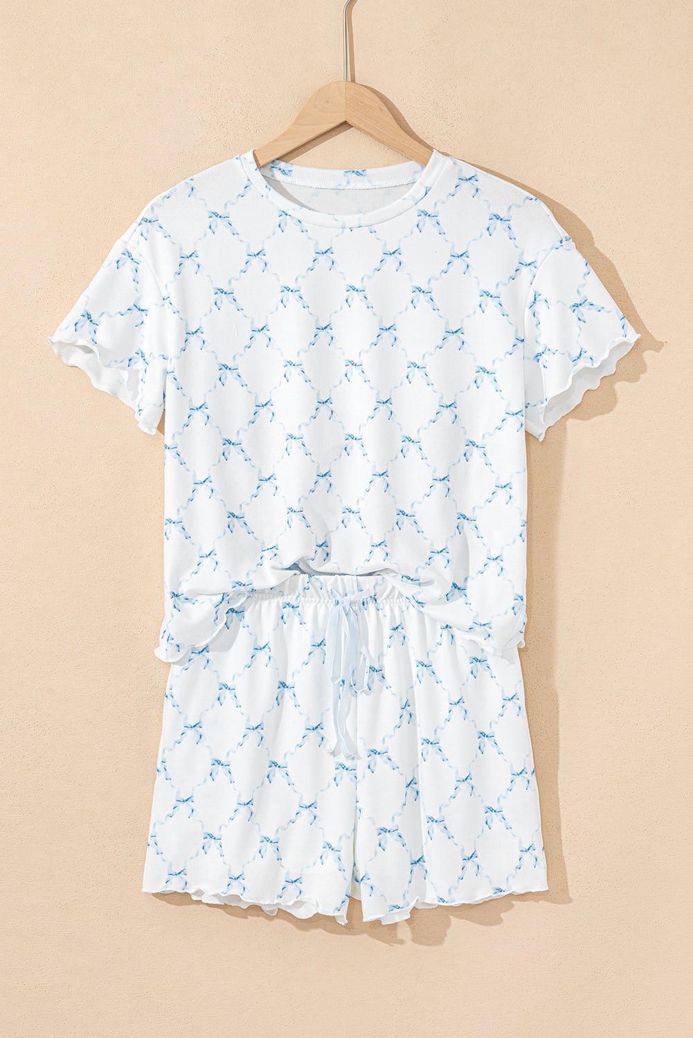 Sky Blue Bow Knot Geometric Print Lettuce Trim Two Piece Lounge Set