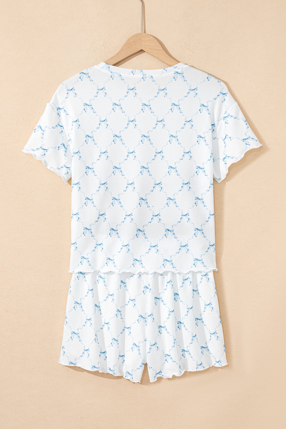 Sky Blue Bow Knot Geometric Print Lettuce Trim Two Piece Lounge Set