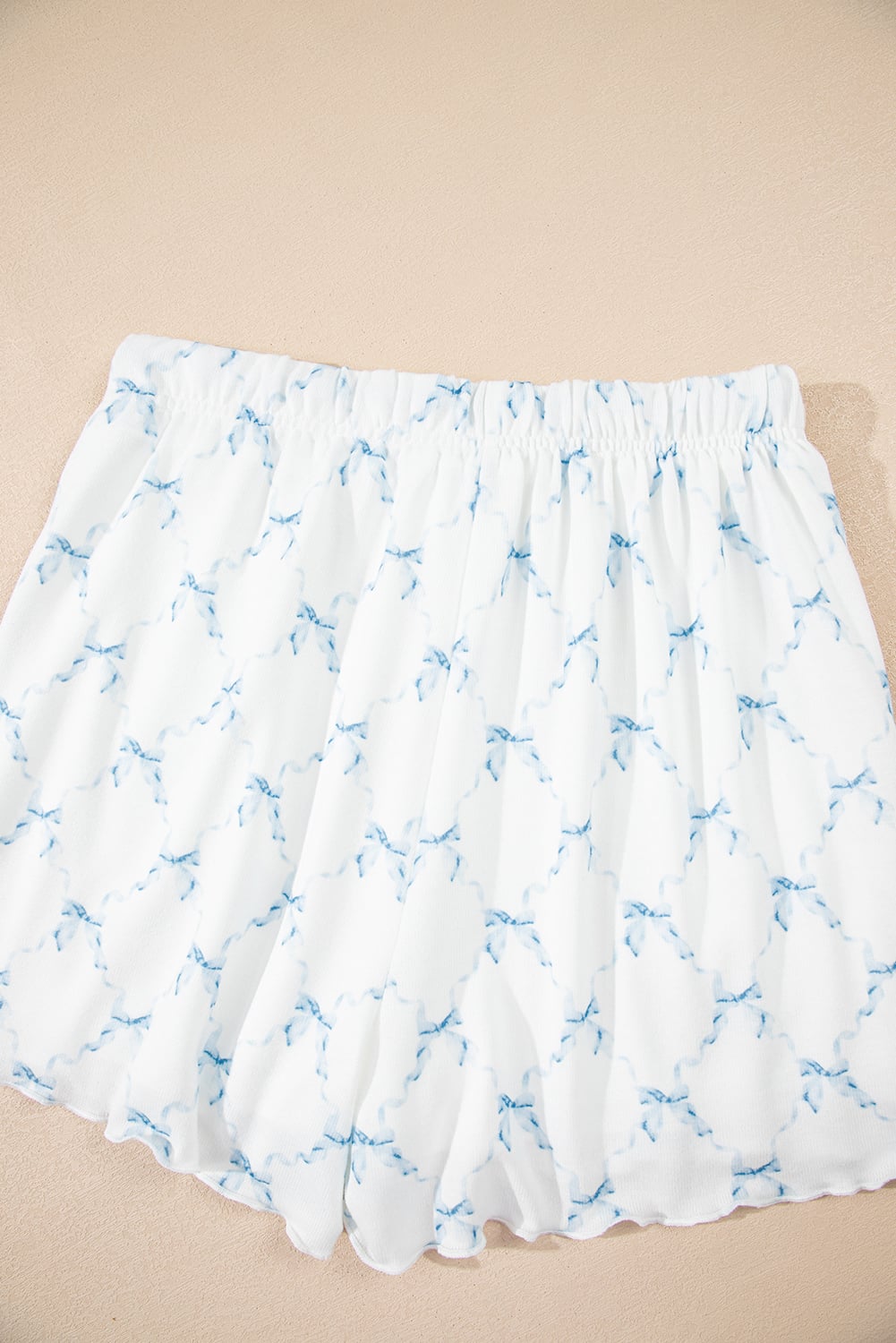 Sky Blue Bow Knot Geometric Print Lettuce Trim Two Piece Lounge Set