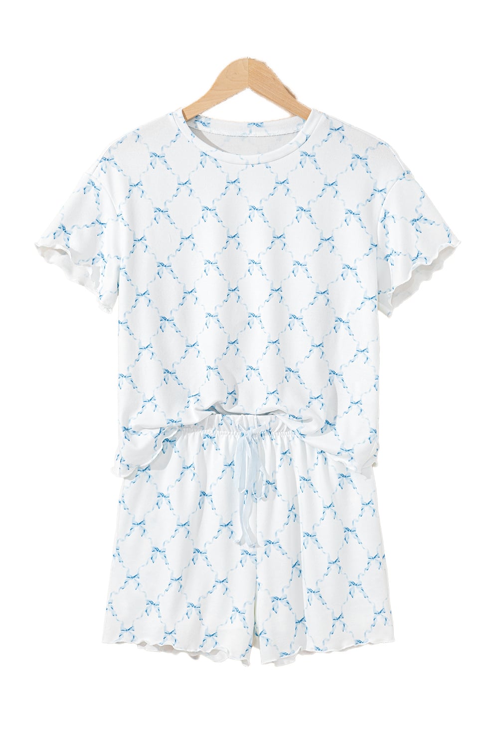 Sky Blue Bow Knot Geometric Print Lettuce Trim Two Piece Lounge Set