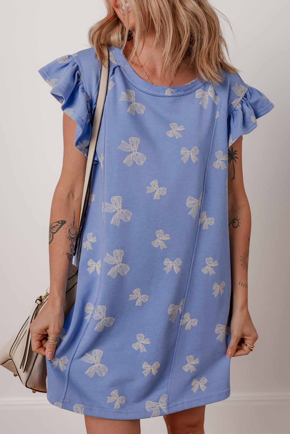 Sky Blue Bow Knot Print Crewneck Ruffled Sleeve Shift Mini Dress