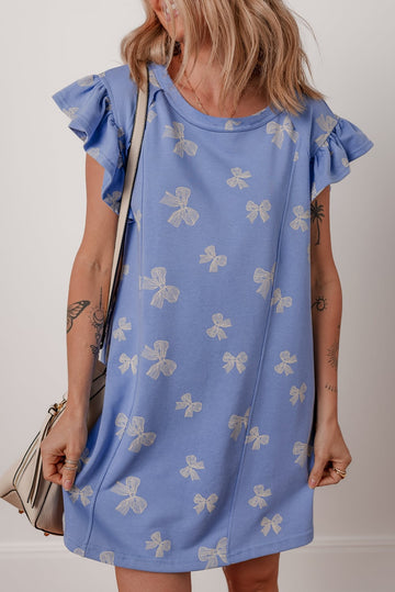 Sky Blue Bow Knot Print Crewneck Ruffled Sleeve Shift Mini Dress