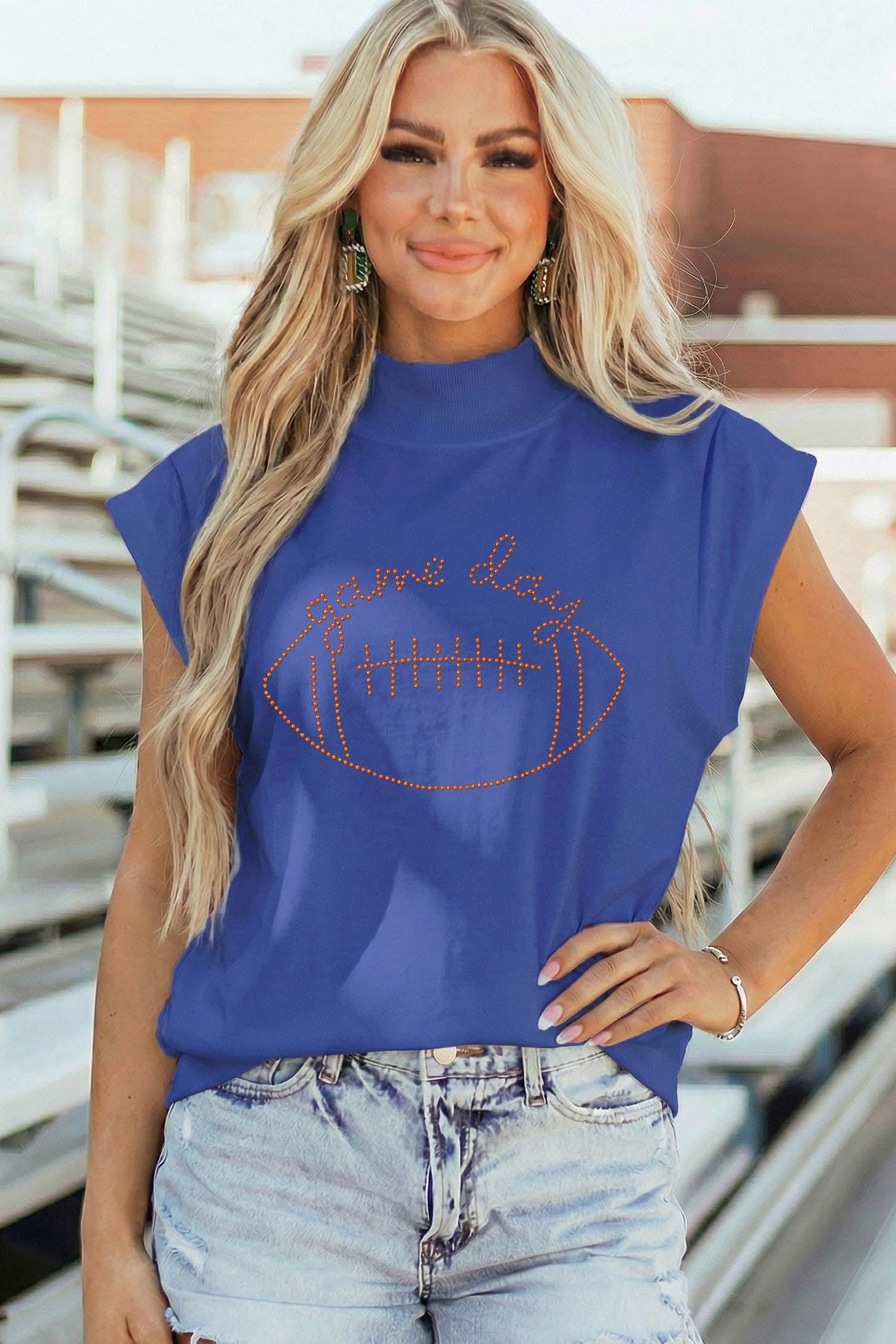 Sky Blue Casual High Neck Short Sleeve Game Day Football Rhinestone Top