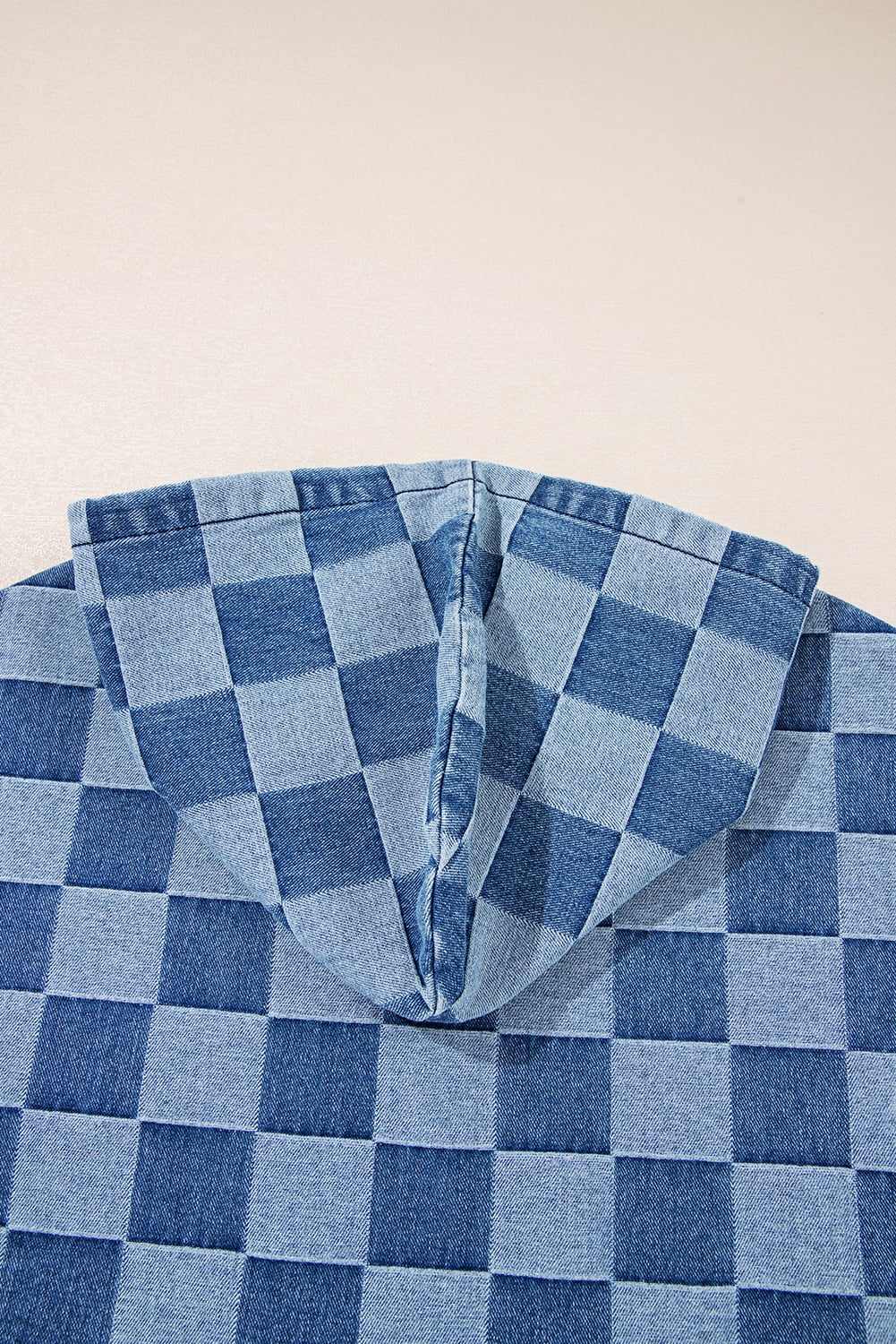 Sky Blue Checkerboard Zipped Neck Kangaroo Pocket Denim Hoodie