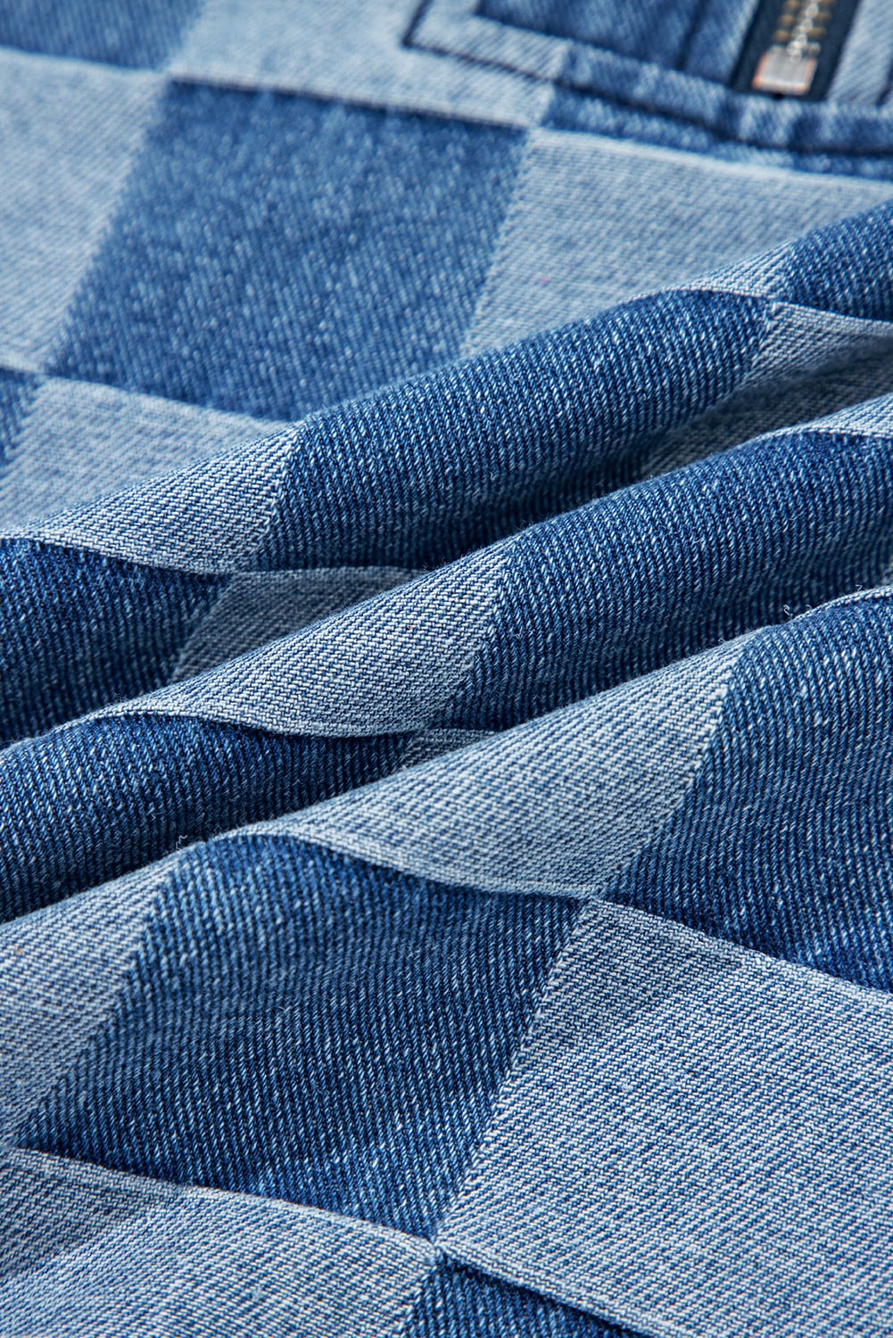 Sky Blue Checkerboard Zipped Neck Kangaroo Pocket Denim Hoodie