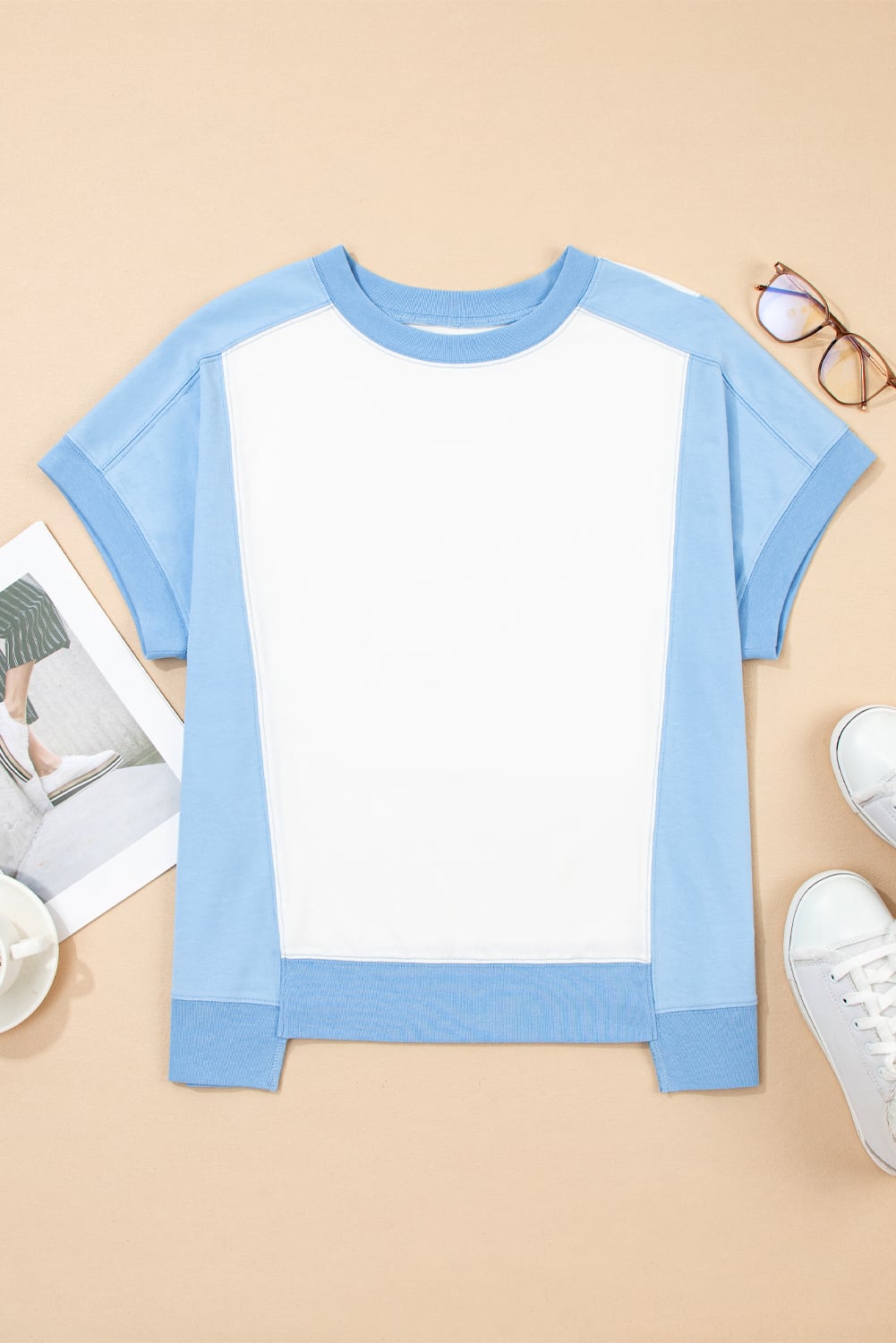Sky Blue Color Block Exposed Seam Crew Neck T Shirt