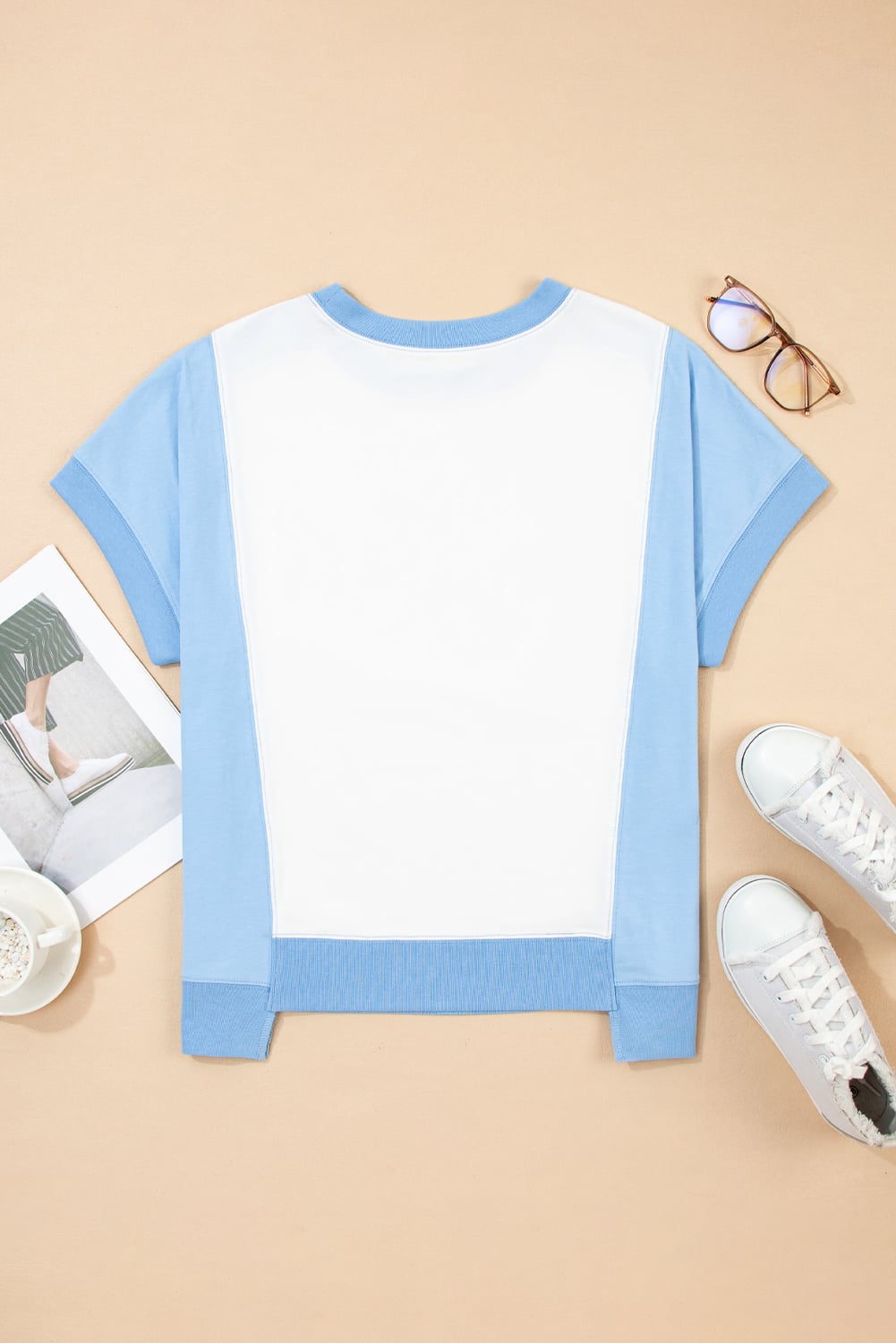Sky Blue Color Block Exposed Seam Crew Neck T Shirt