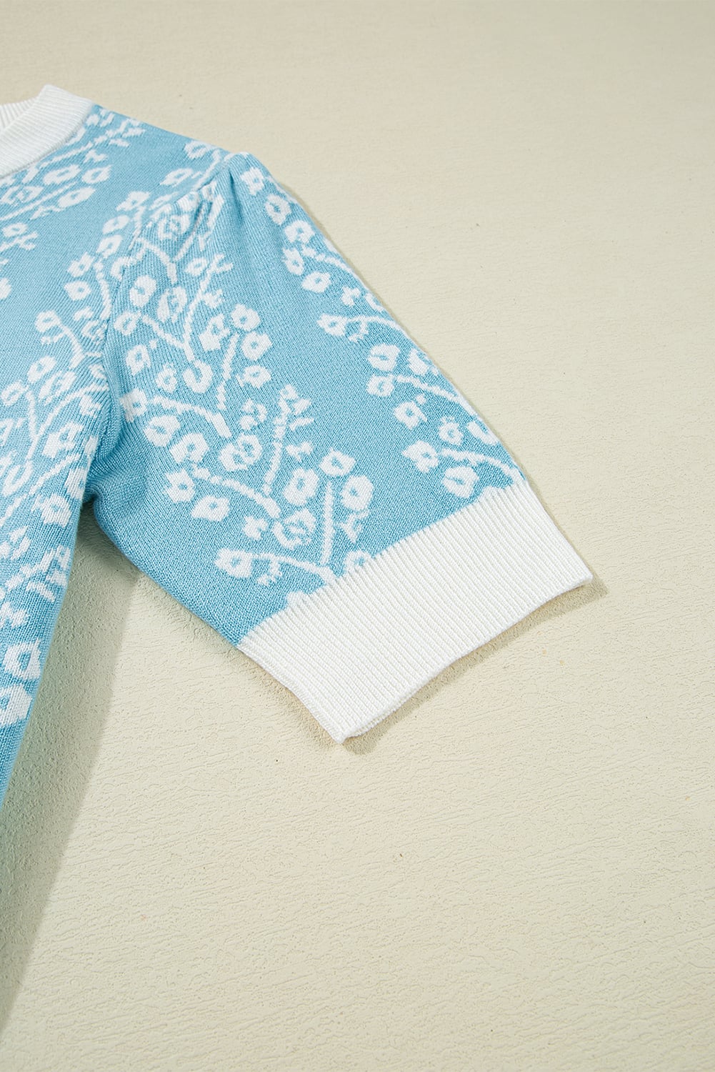 Sky Blue Contrast Floral Crewneck Short Sleeve Sweater