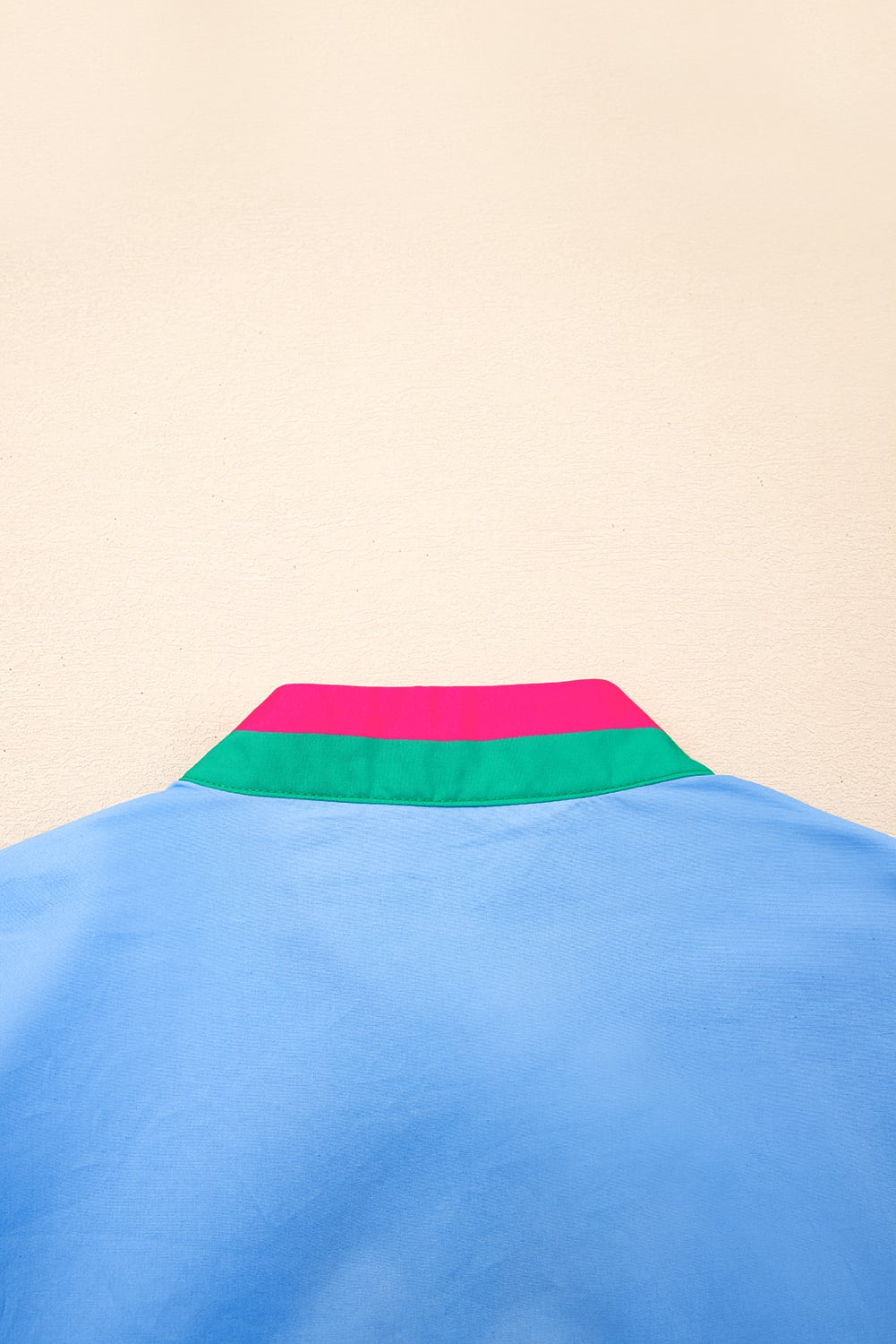 Sky Blue Contrast Striped V Neck Collision Short Puff Sleeve Blouse