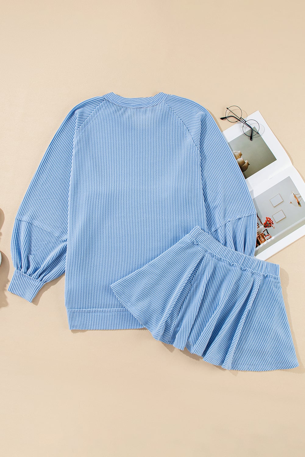 Sky Blue Corded Lantern Sleeve Top High Waist Ruffled Mini Skort Set