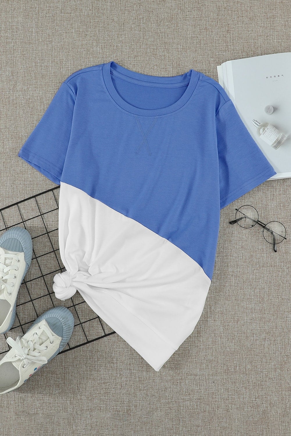 Sky Blue Crew Neck Colorblock Tee