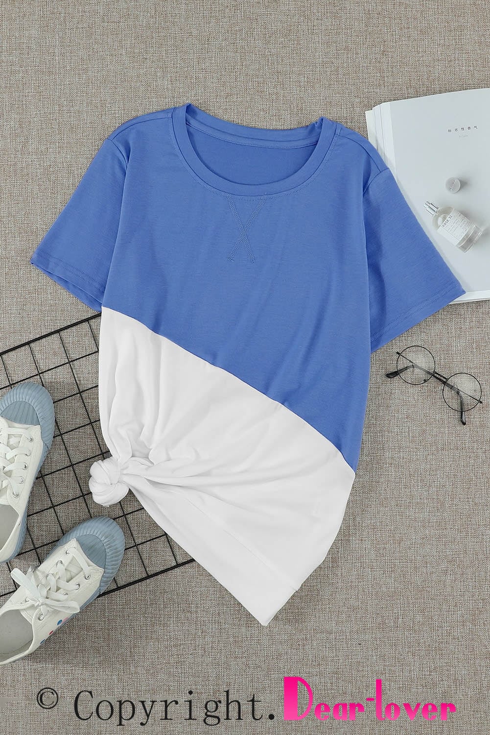 Sky Blue Crew Neck Colorblock Tee