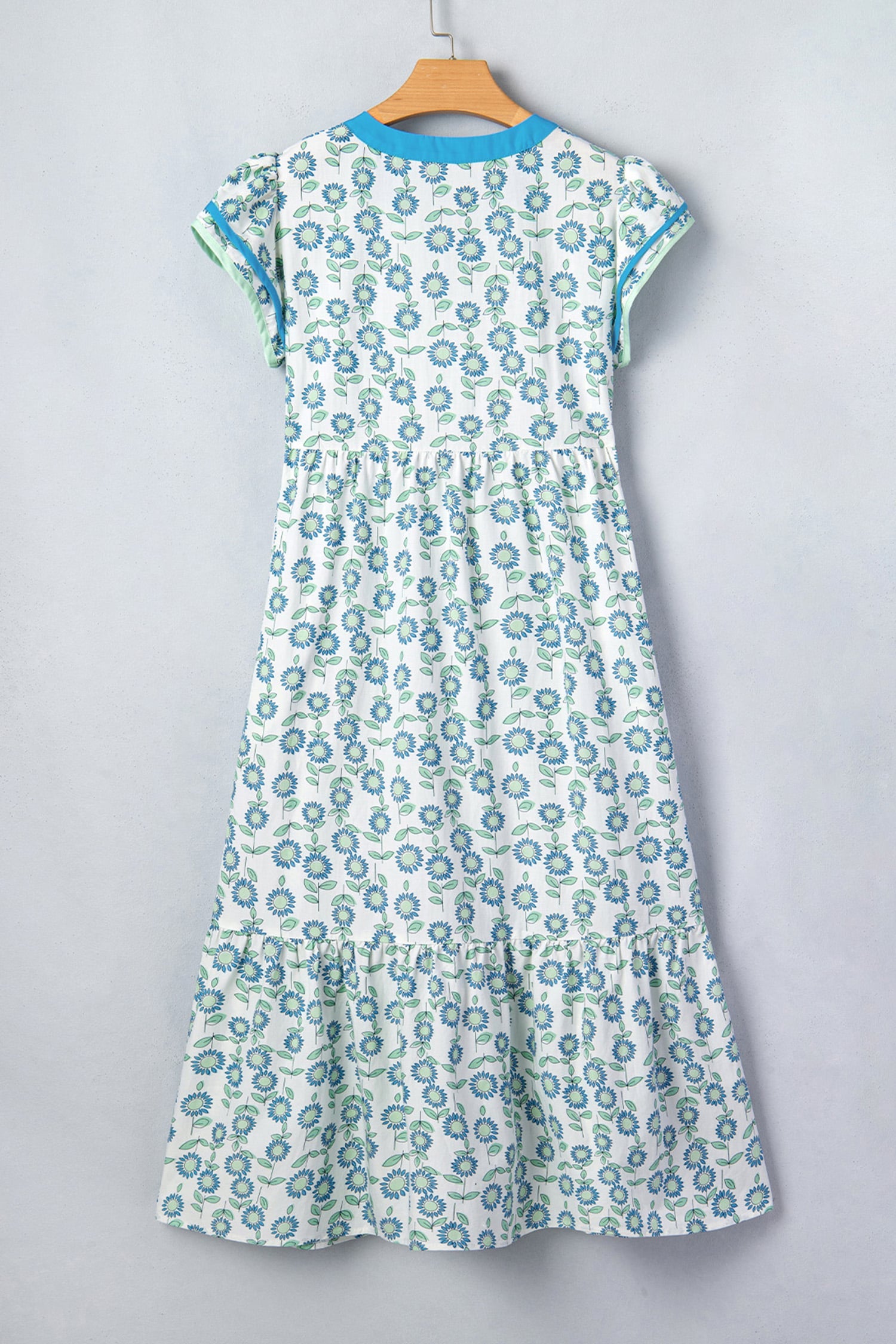 Sky Blue Cute Sunflower Printed Striped Patchwork Trim Flutter Sleeve Long Dress