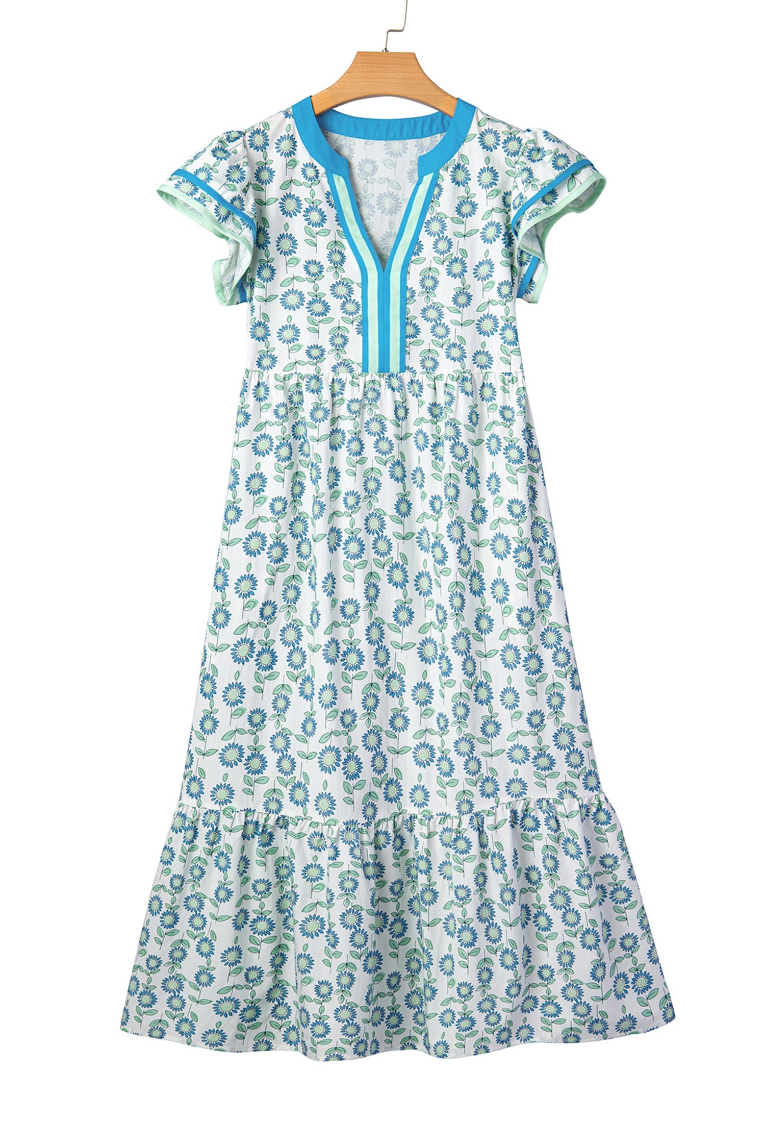 Sky Blue Cute Sunflower Printed Striped Patchwork Trim Flutter Sleeve Long Dress