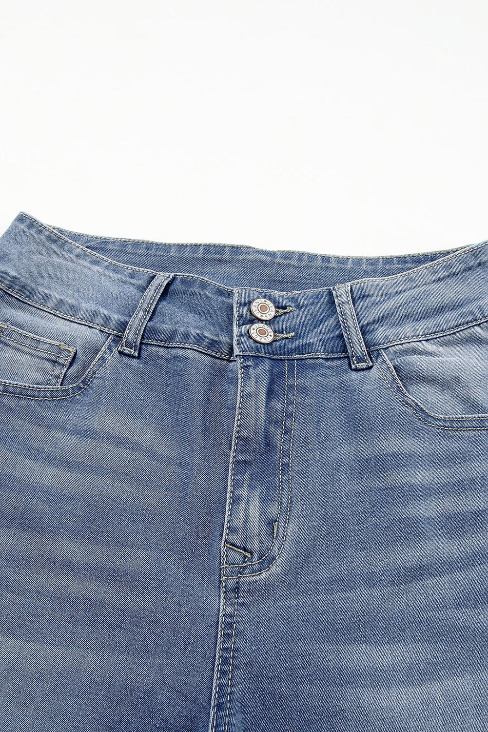 Sky Blue Double Button Raw Hem Slim Fit Jeans
