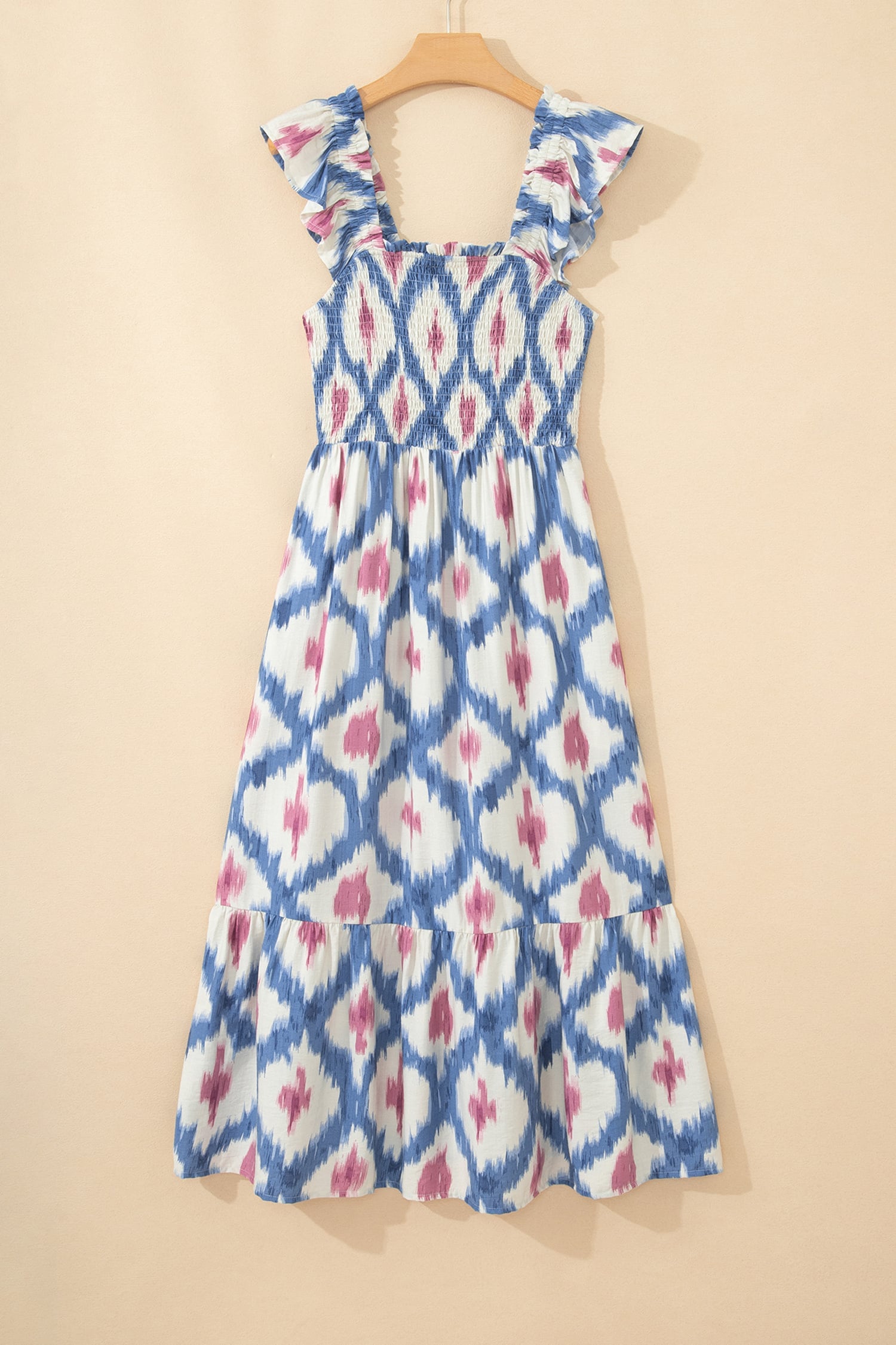 Sky Blue Ethnic Geometric Print Square Neck Smocked High Waist Ruffle Sleeve Dress
