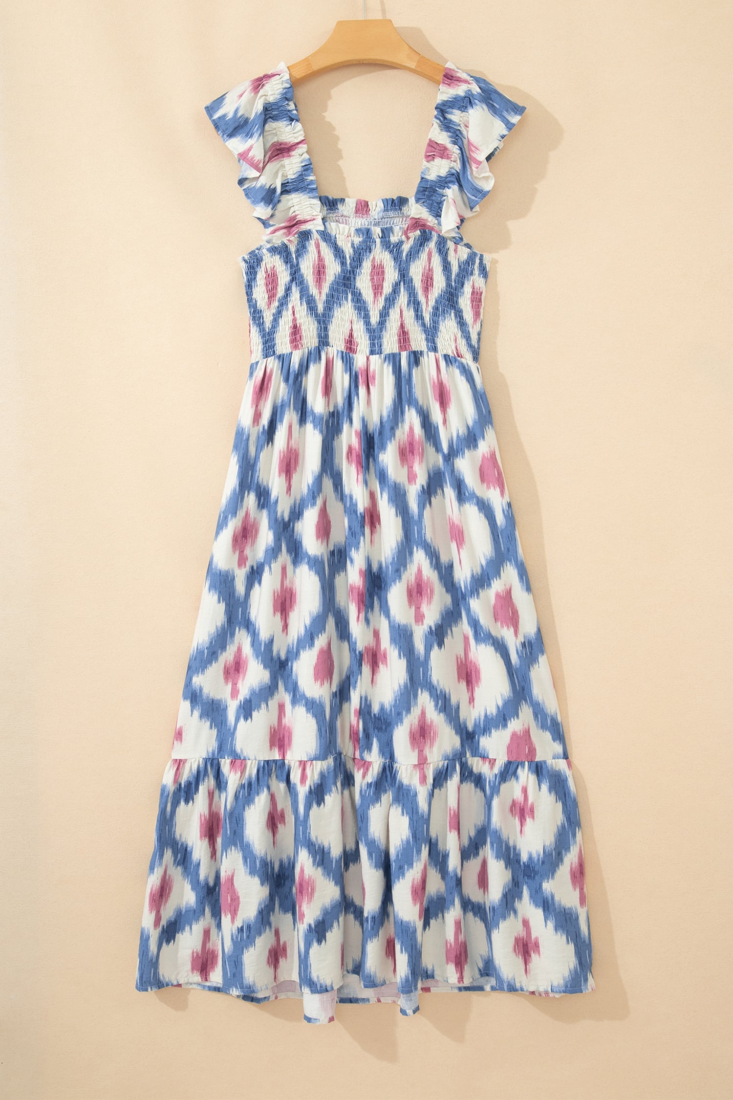 Sky Blue Ethnic Geometric Print Square Neck Smocked High Waist Ruffle Sleeve Dress
