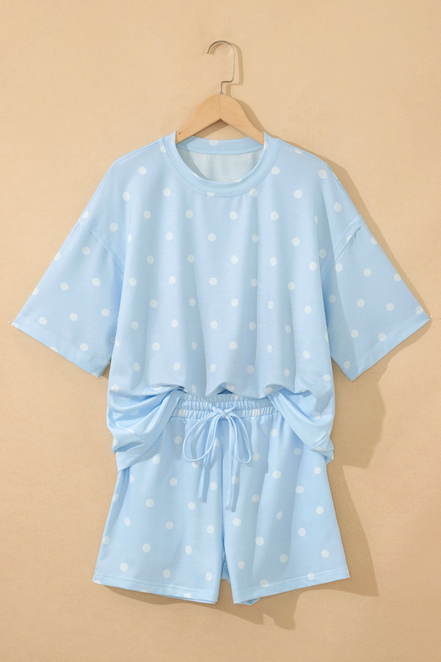 Sky Blue Polka Dot Short Sleeve Loose Top Drawstring Shorts Set