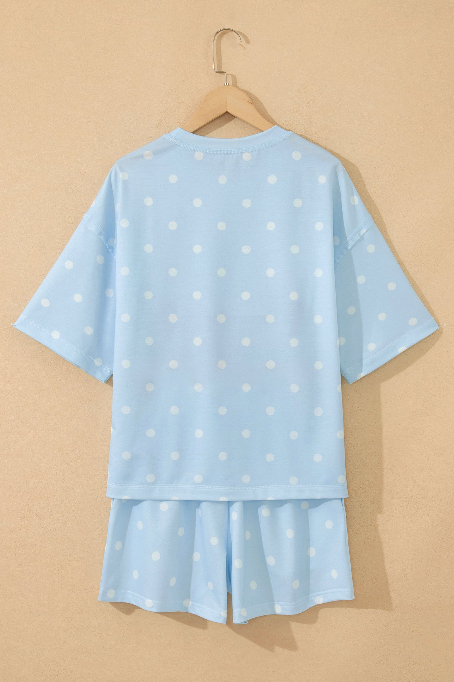 Sky Blue Polka Dot Short Sleeve Loose Top Drawstring Shorts Set