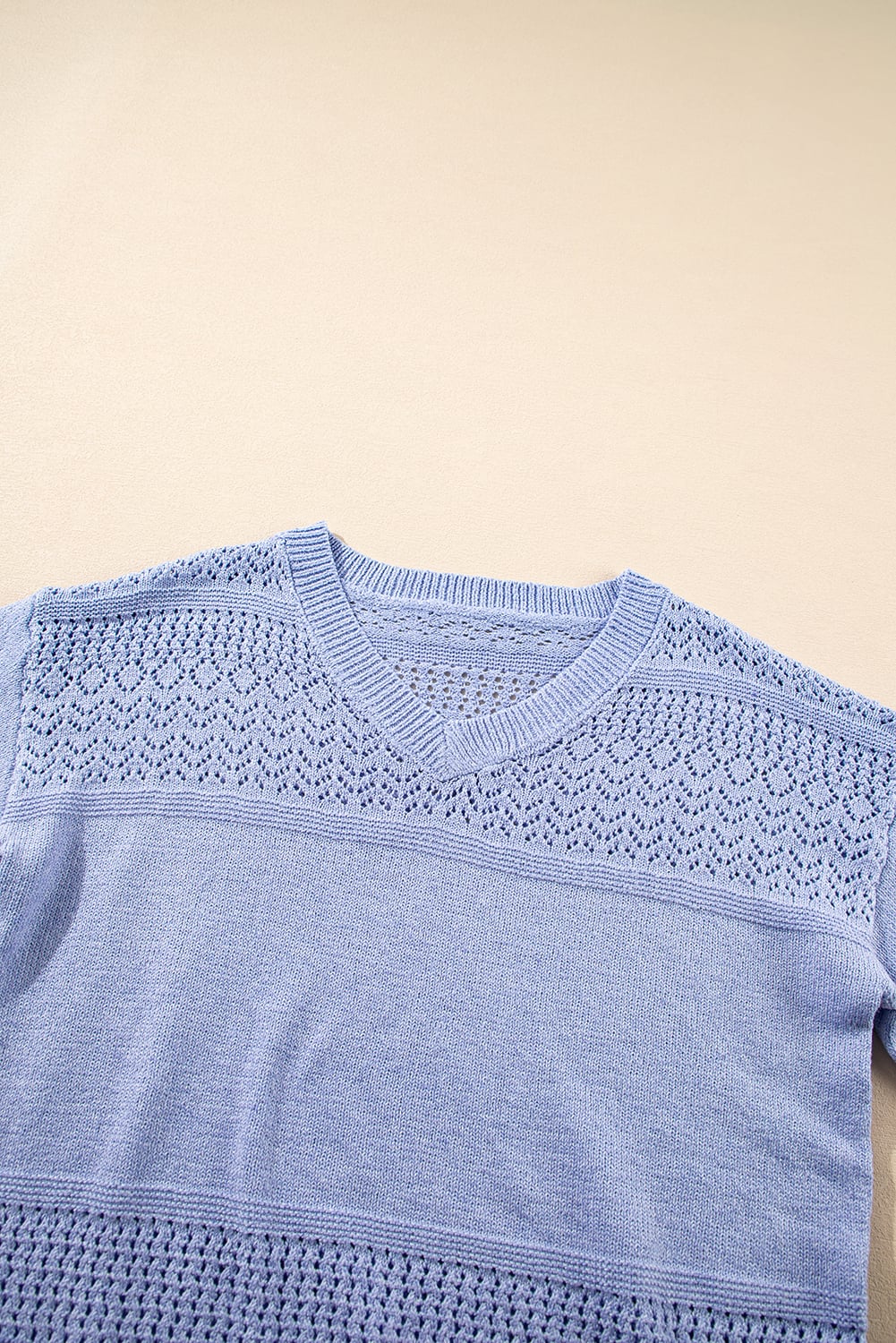 Sky Blue Eyelet Pattern Detail V Neck Drop Shoulder Sweater