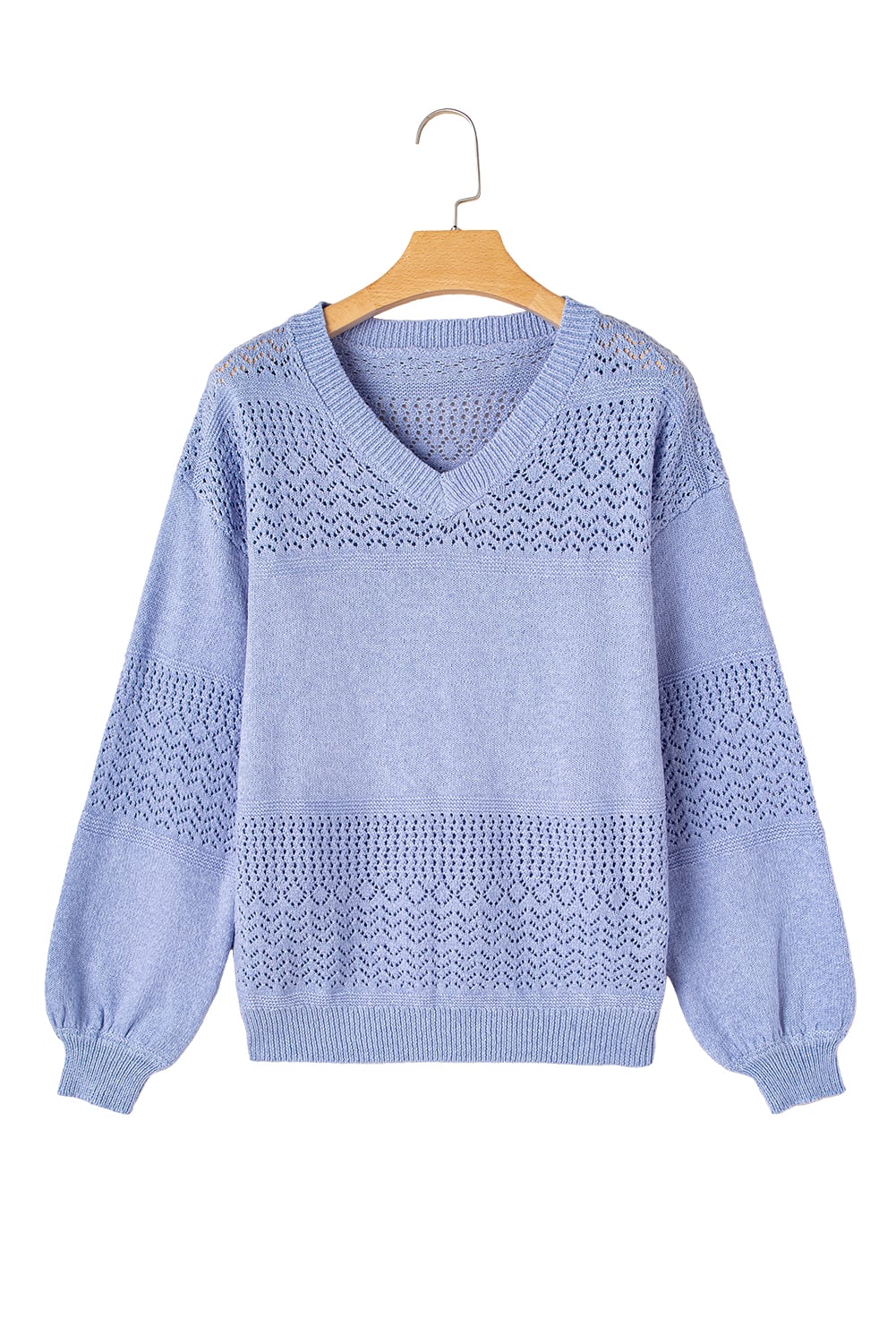 Sky Blue Eyelet Pattern Detail V Neck Drop Shoulder Sweater