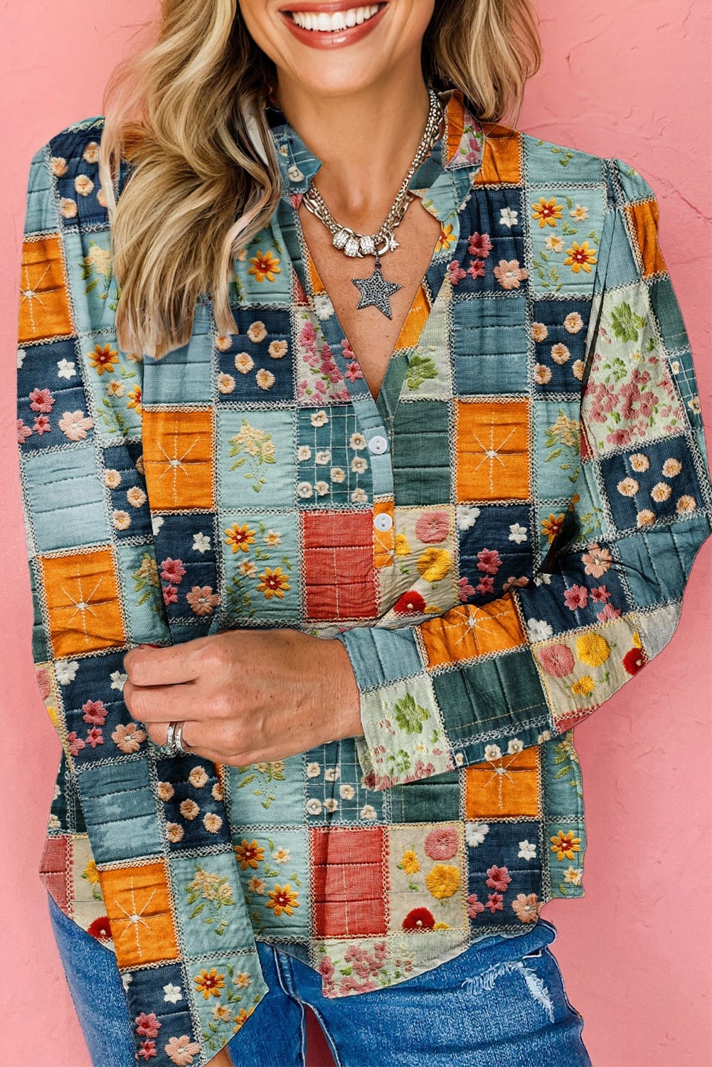 Sky Blue Fall Floral Half Placket Collared V Neck Blouse