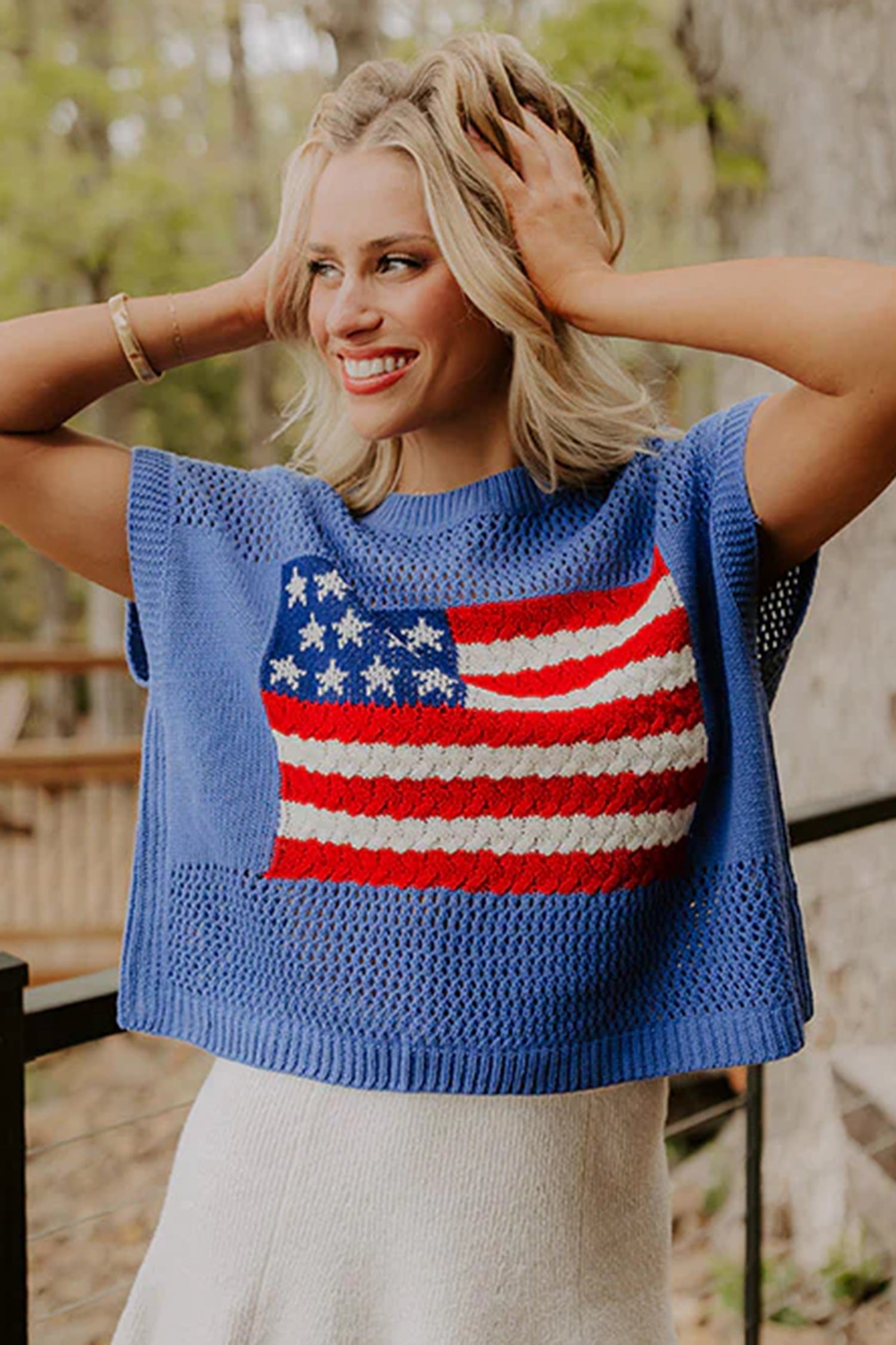 Sky Blue Flag Graphic Short Sleeve Sweater Top