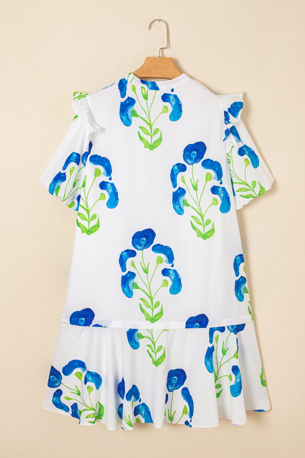 Sky Blue Floral Bubble Sleeve Plus Size Ruffled Mini Dress With Pockets