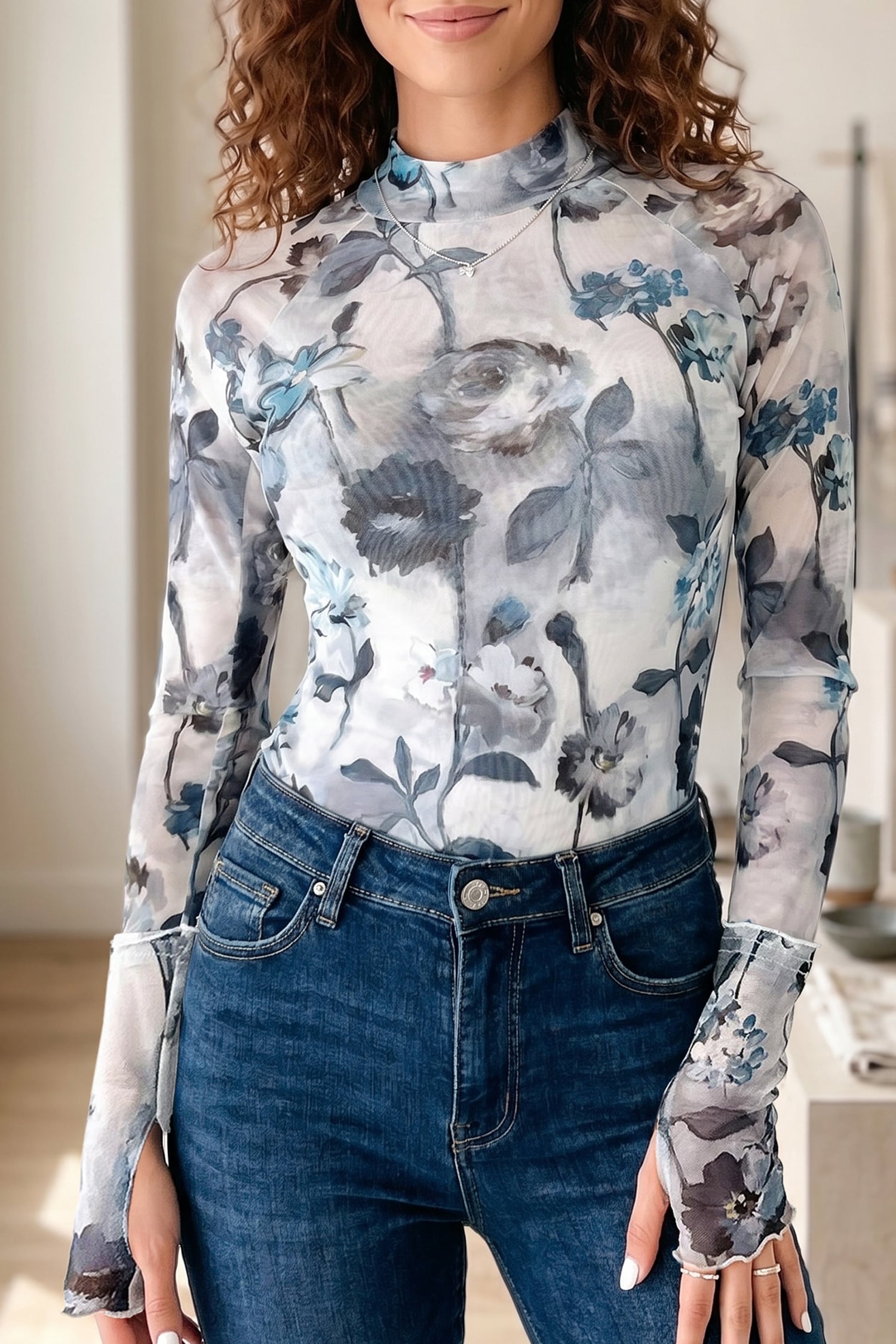 Sky Blue Floral Mesh High Neck Long Sleeve Sheath Top