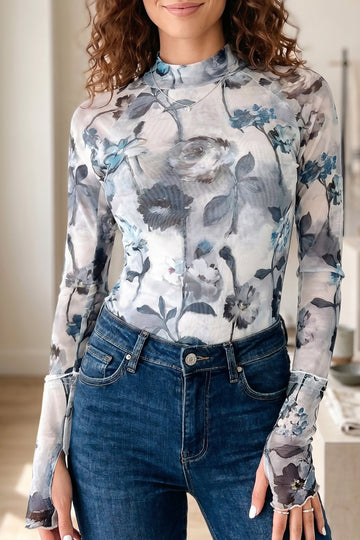Sky Blue Floral Mesh High Neck Long Sleeve Sheath Top