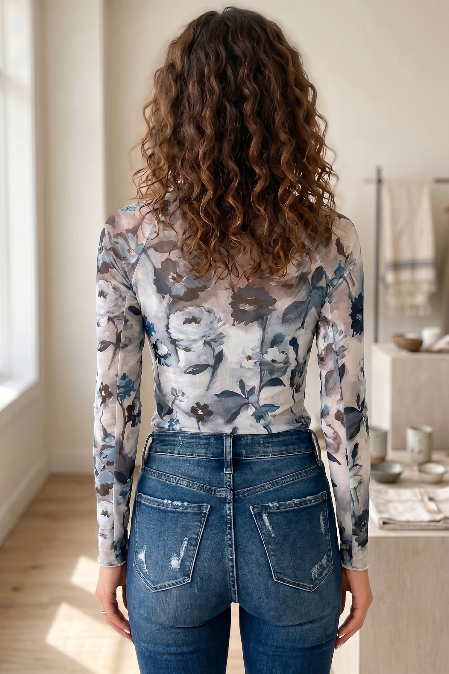 Sky Blue Floral Mesh High Neck Long Sleeve Sheath Top