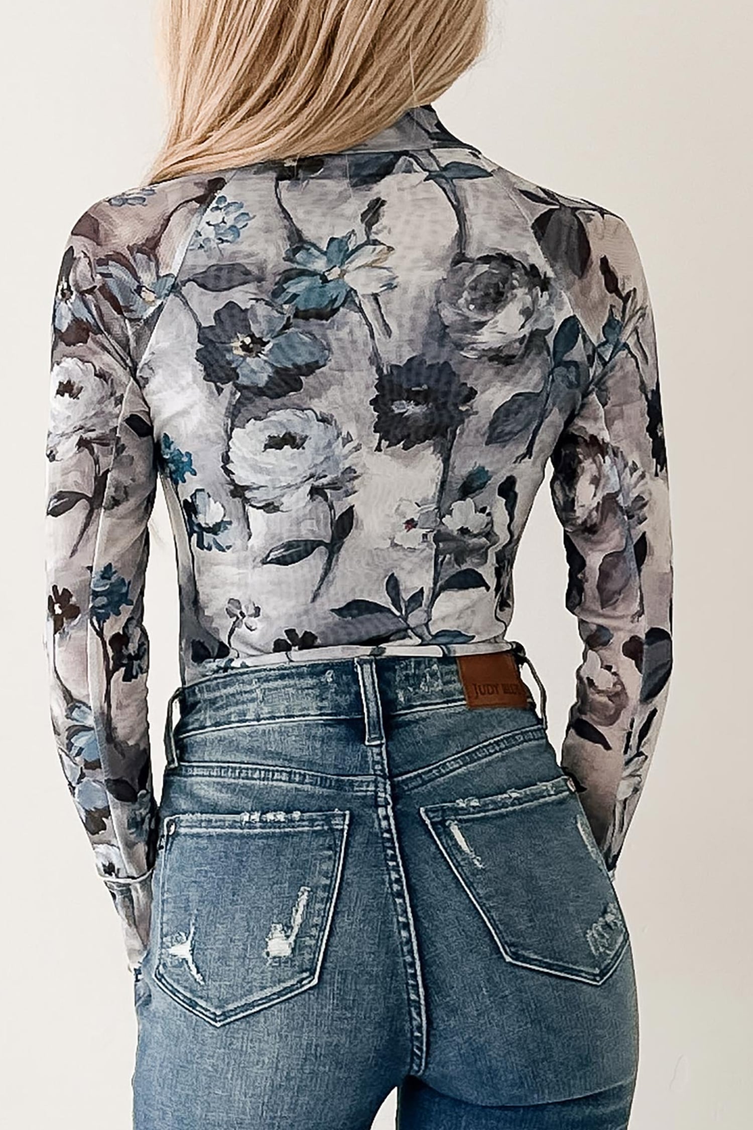 Sky Blue Floral Mesh High Neck Long Sleeve Sheath Top