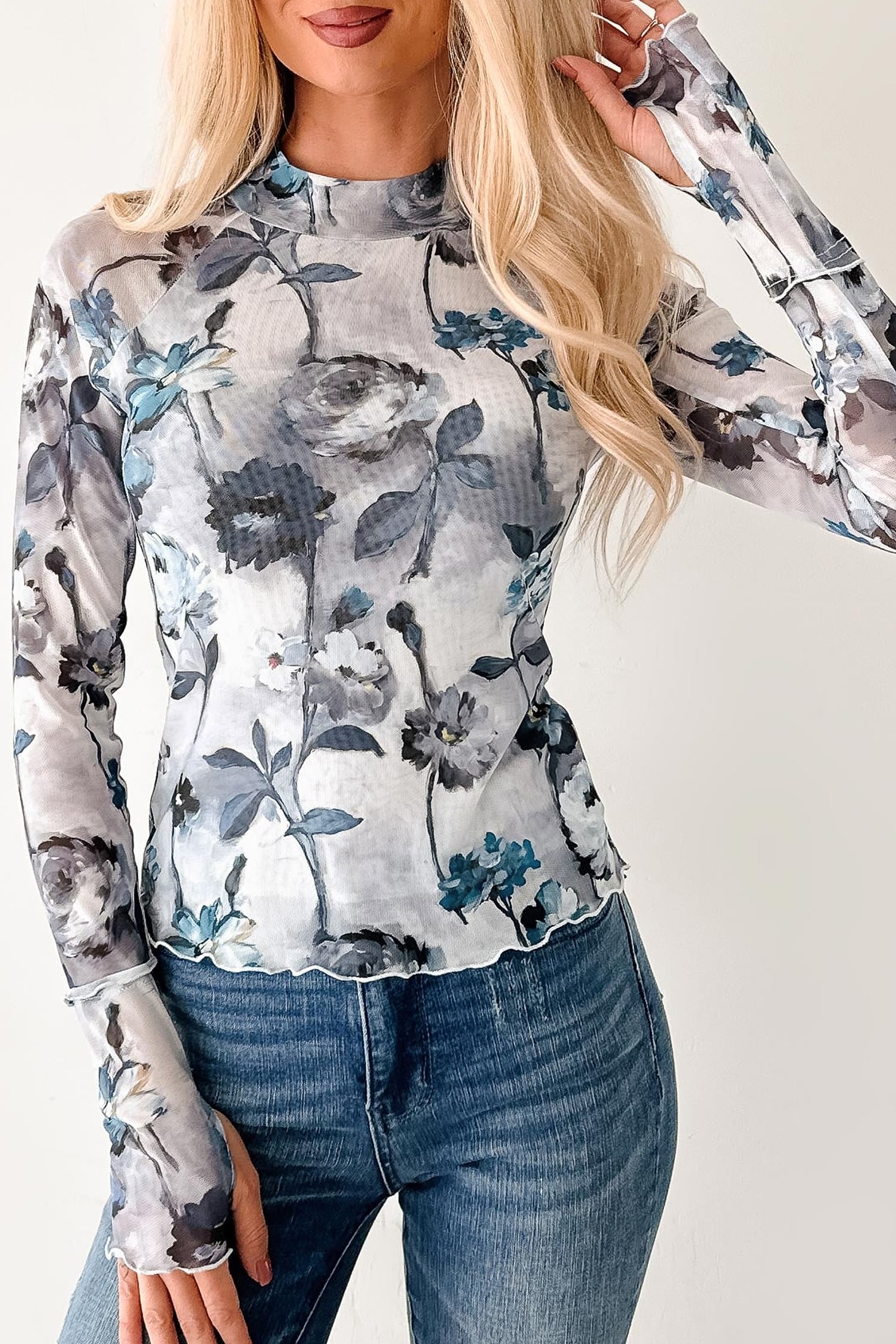 Sky Blue Floral Mesh High Neck Long Sleeve Sheath Top