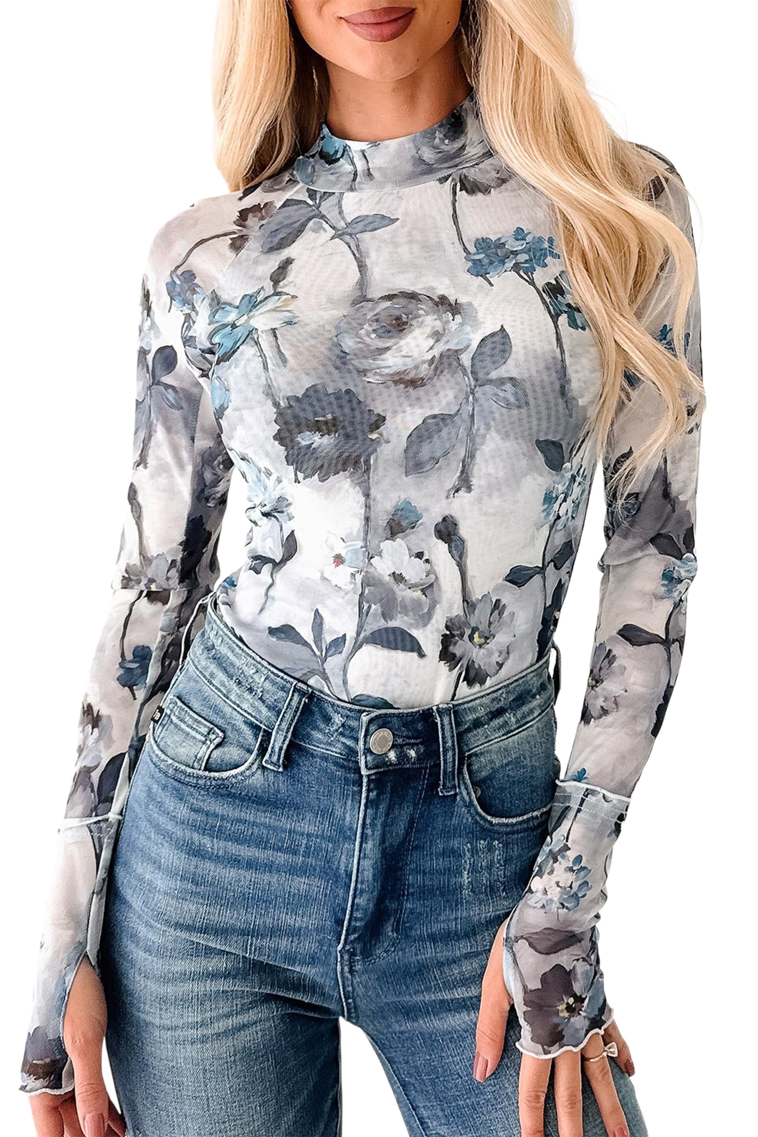 Sky Blue Floral Mesh High Neck Long Sleeve Sheath Top