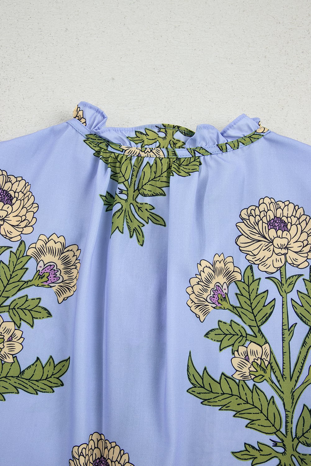 Sky Blue Floral Print Button Tie Neck Long Puff Sleeve Blouse