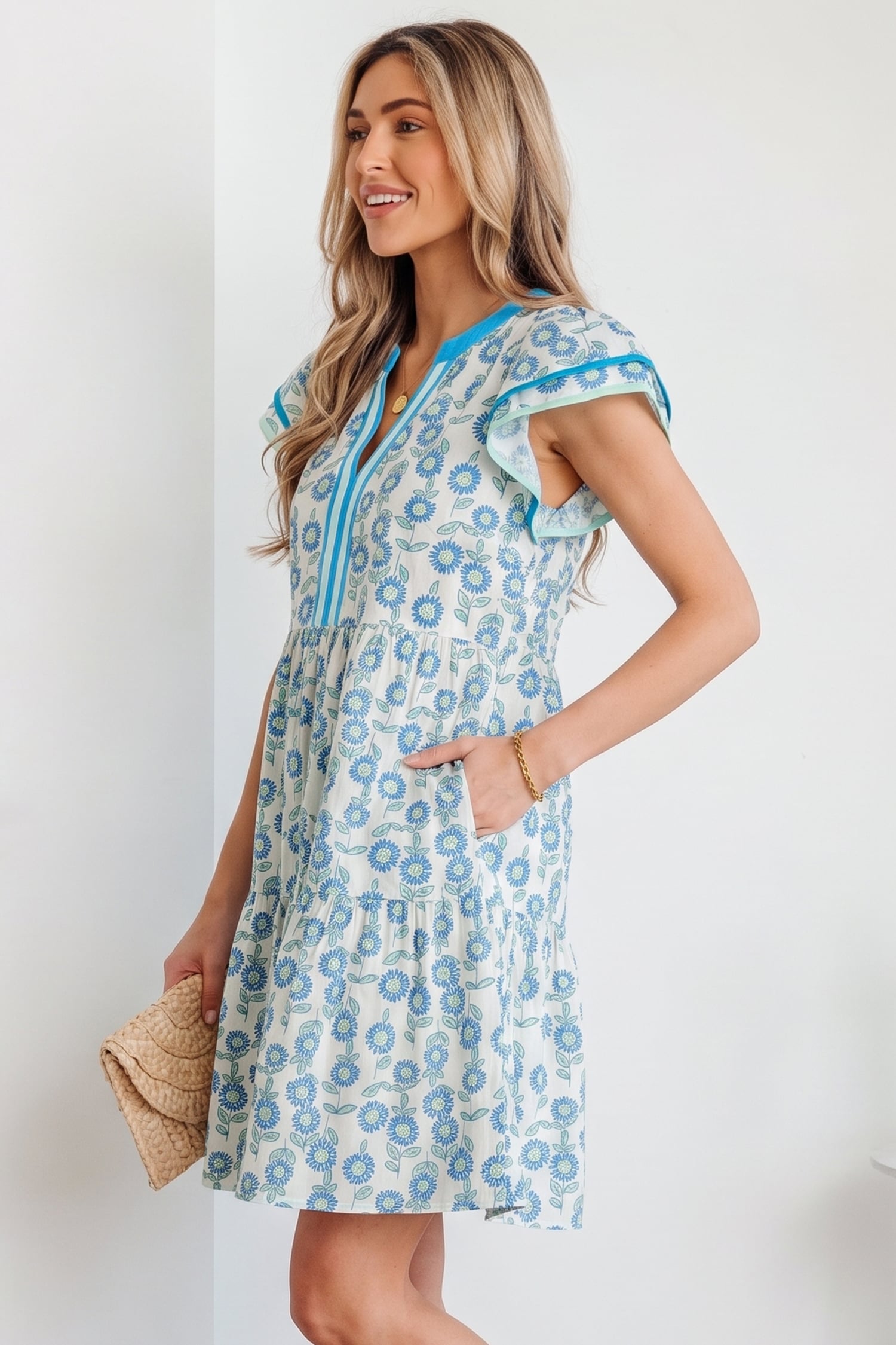 Sky Blue Floral Print Contrast Trim Flutter Sleeve Mini Dress