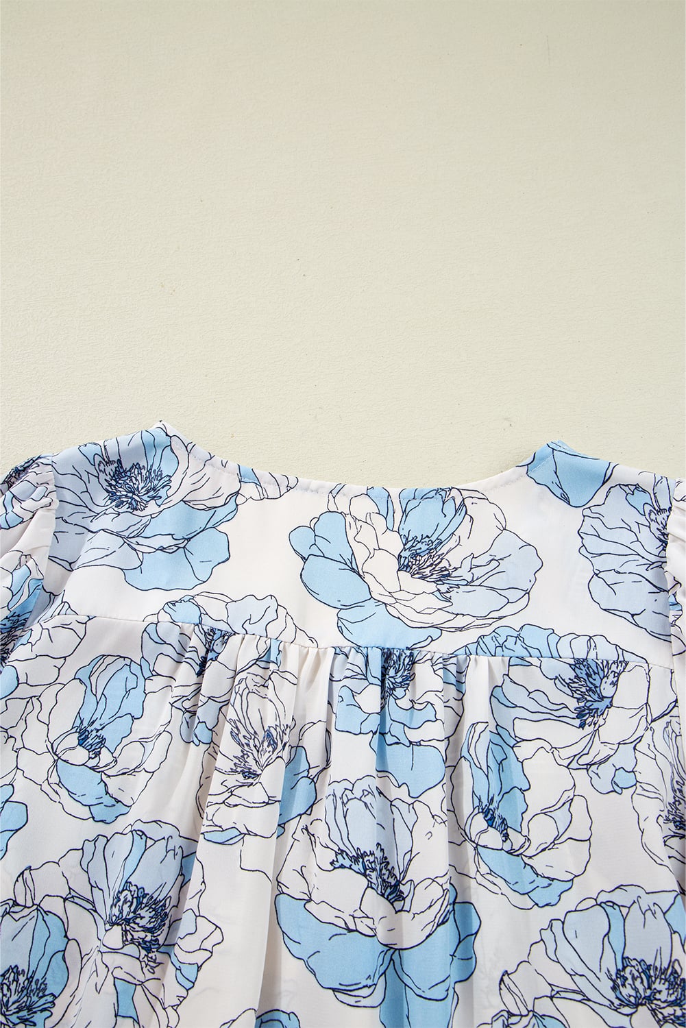 Sky Blue Floral Print Frilly Smocked Square Neck Long Sleeve Blouse
