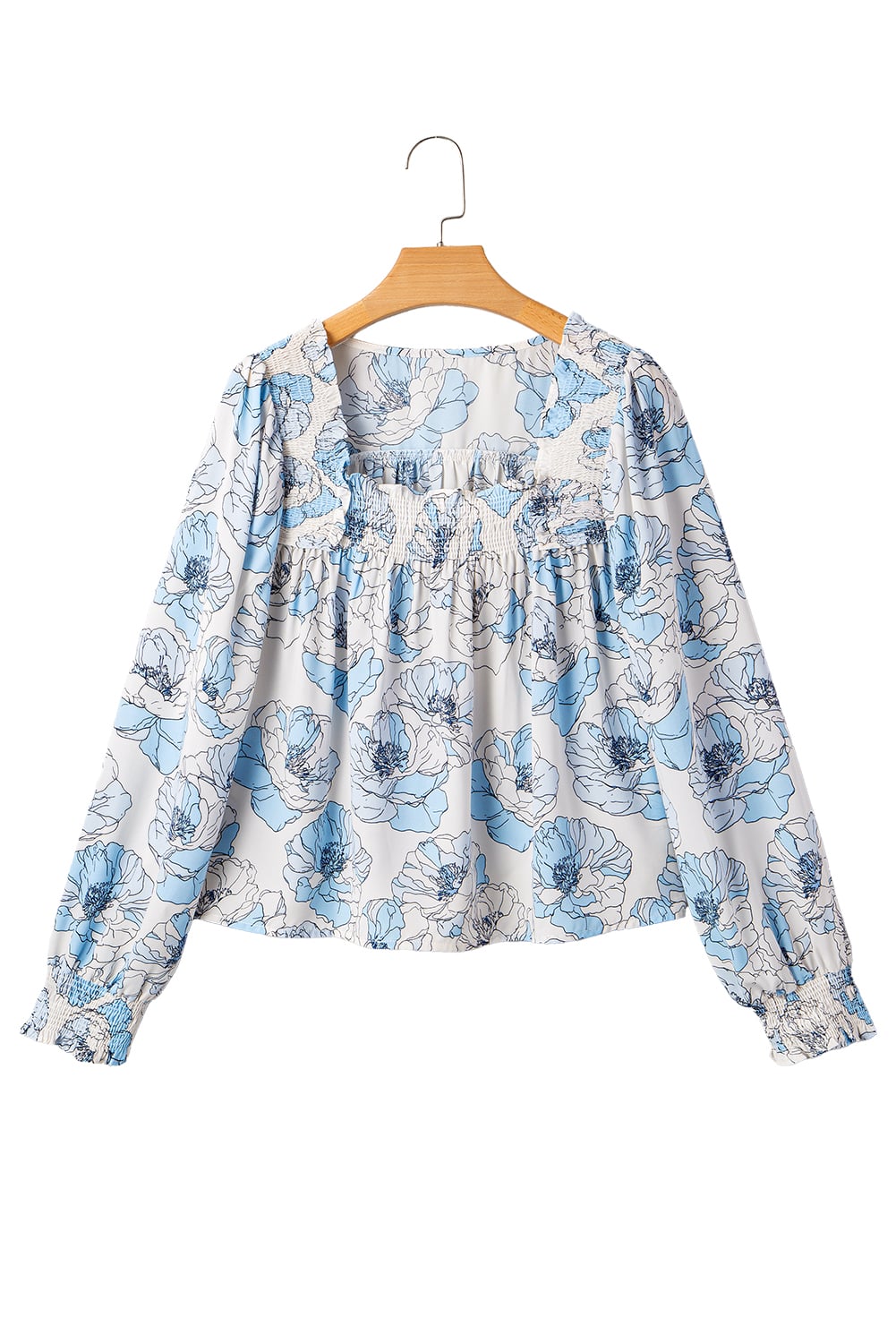 Sky Blue Floral Print Frilly Smocked Square Neck Long Sleeve Blouse