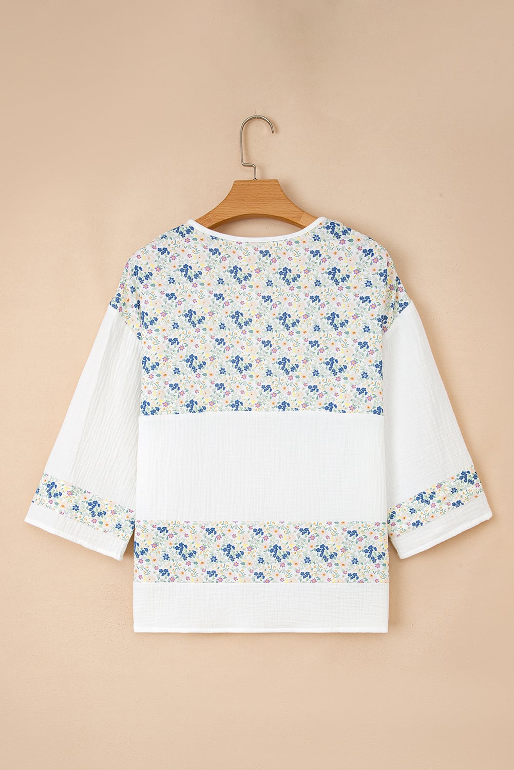 Sky Blue Floral Print Gauze Patchwork Henley Button 3/4 Sleeve Blouse