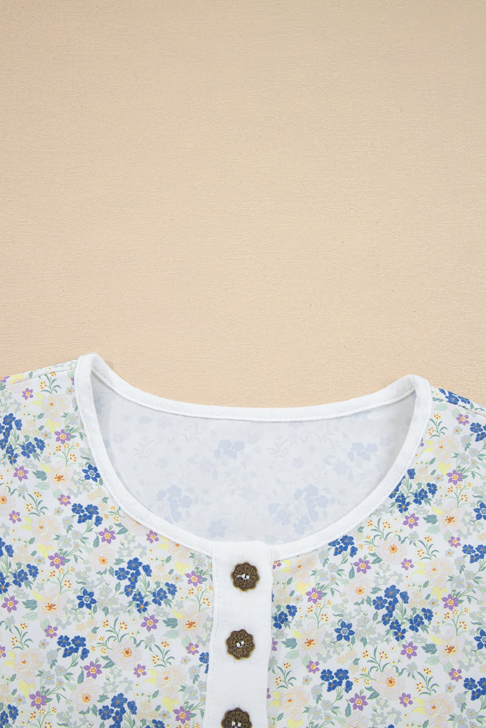 Sky Blue Floral Print Gauze Patchwork Henley Button 3/4 Sleeve Blouse