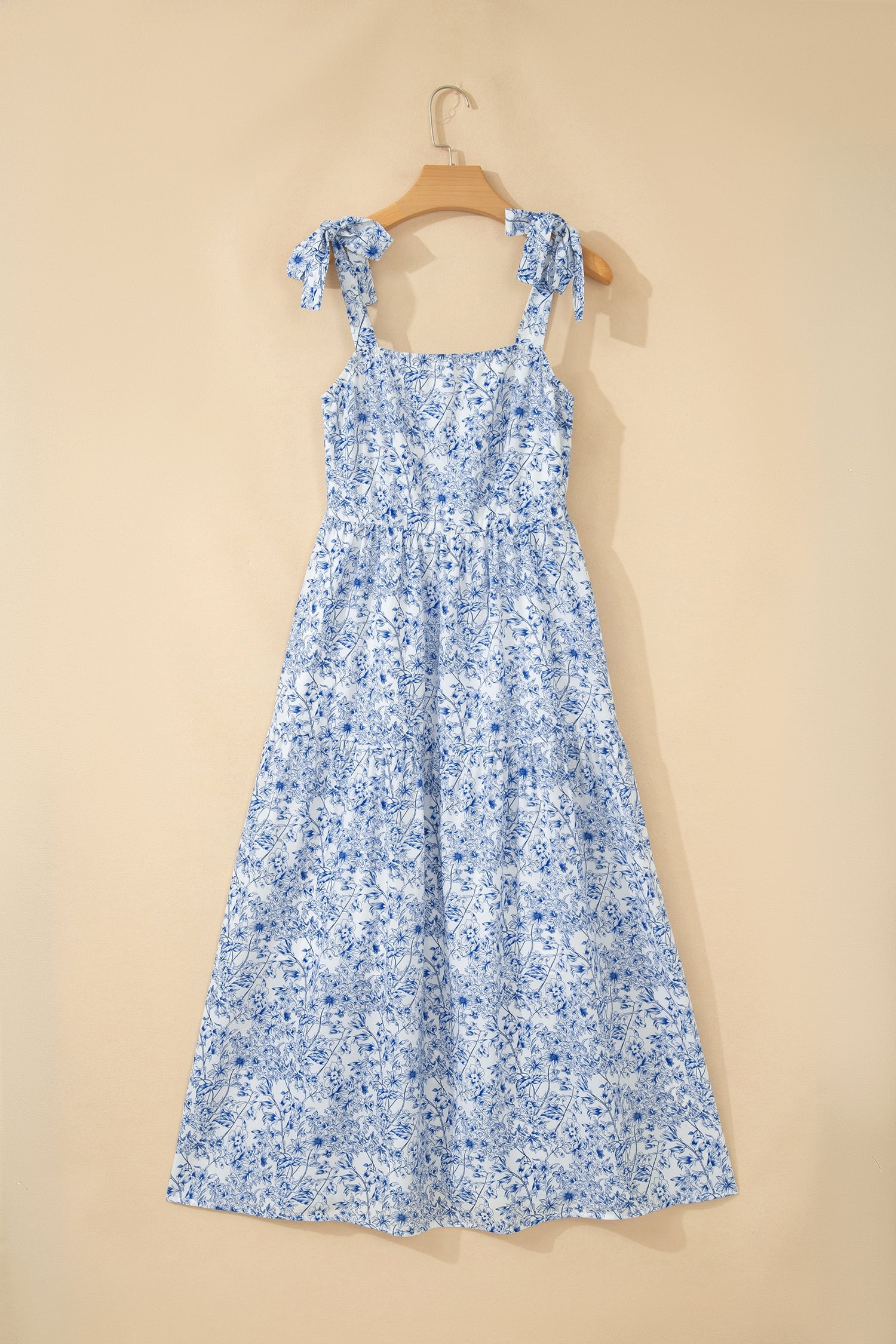 Sky Blue Floral Print Knot Straps High Waist Flared Maxi Dress