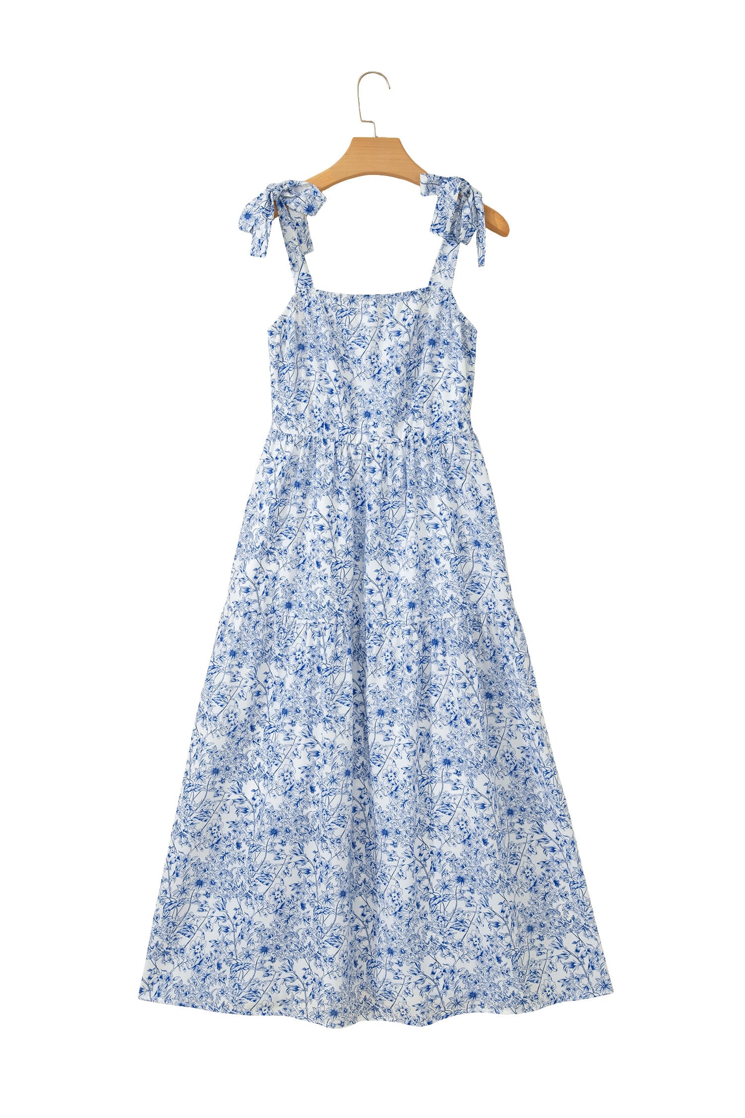 Sky Blue Floral Print Knot Straps High Waist Flared Maxi Dress