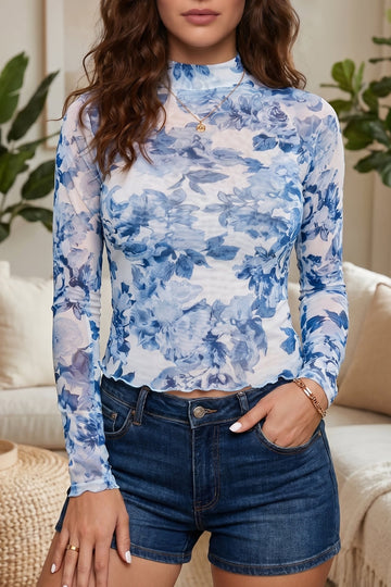 Sky Blue Floral Print Long Sleeve Stand Neck Mesh Top