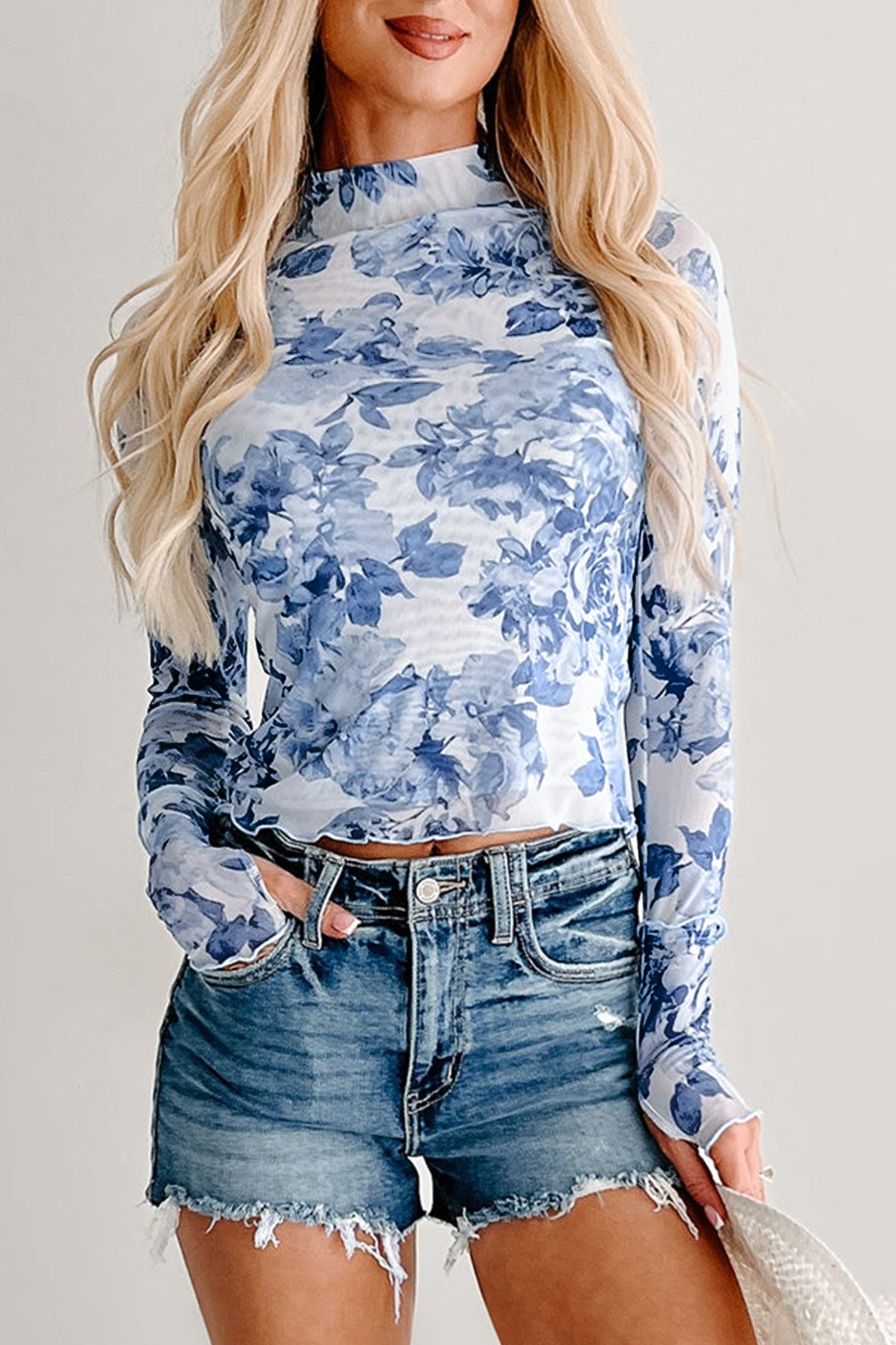 Sky Blue Floral Print Long Sleeve Stand Neck Mesh Top