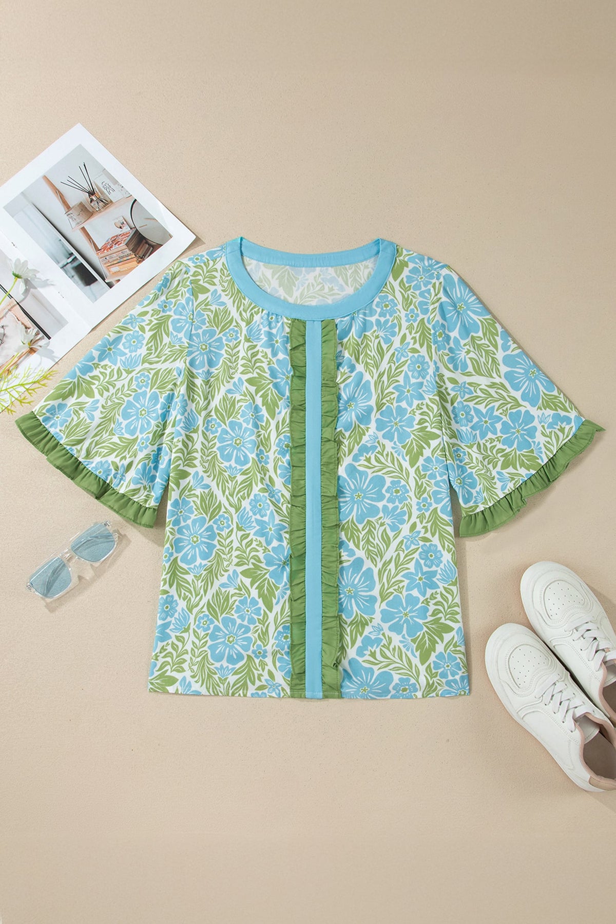 Sky Blue Floral Print Ruffled Color Block Trim Half Sleeve Blouse