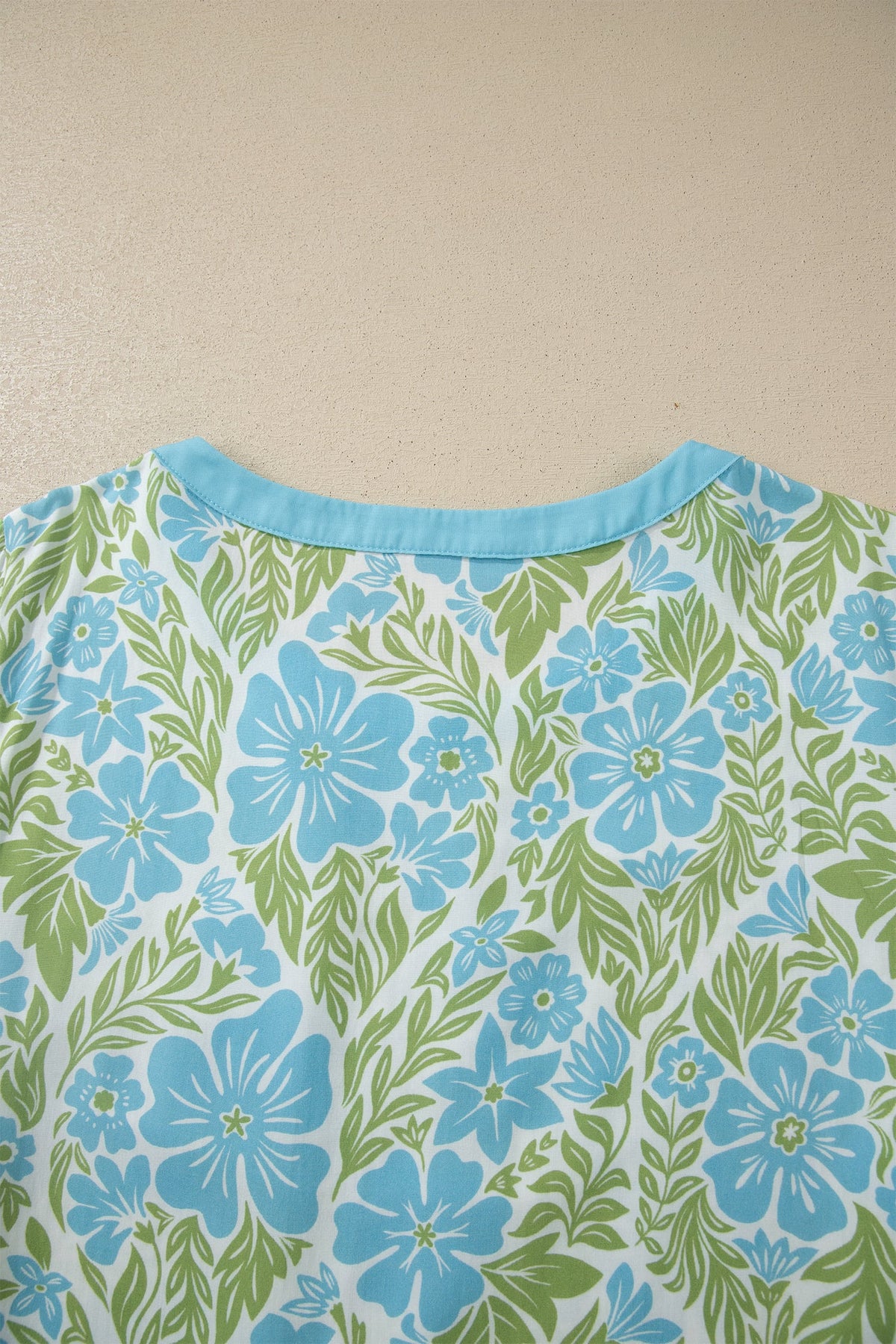 Sky Blue Floral Print Ruffled Color Block Trim Half Sleeve Blouse